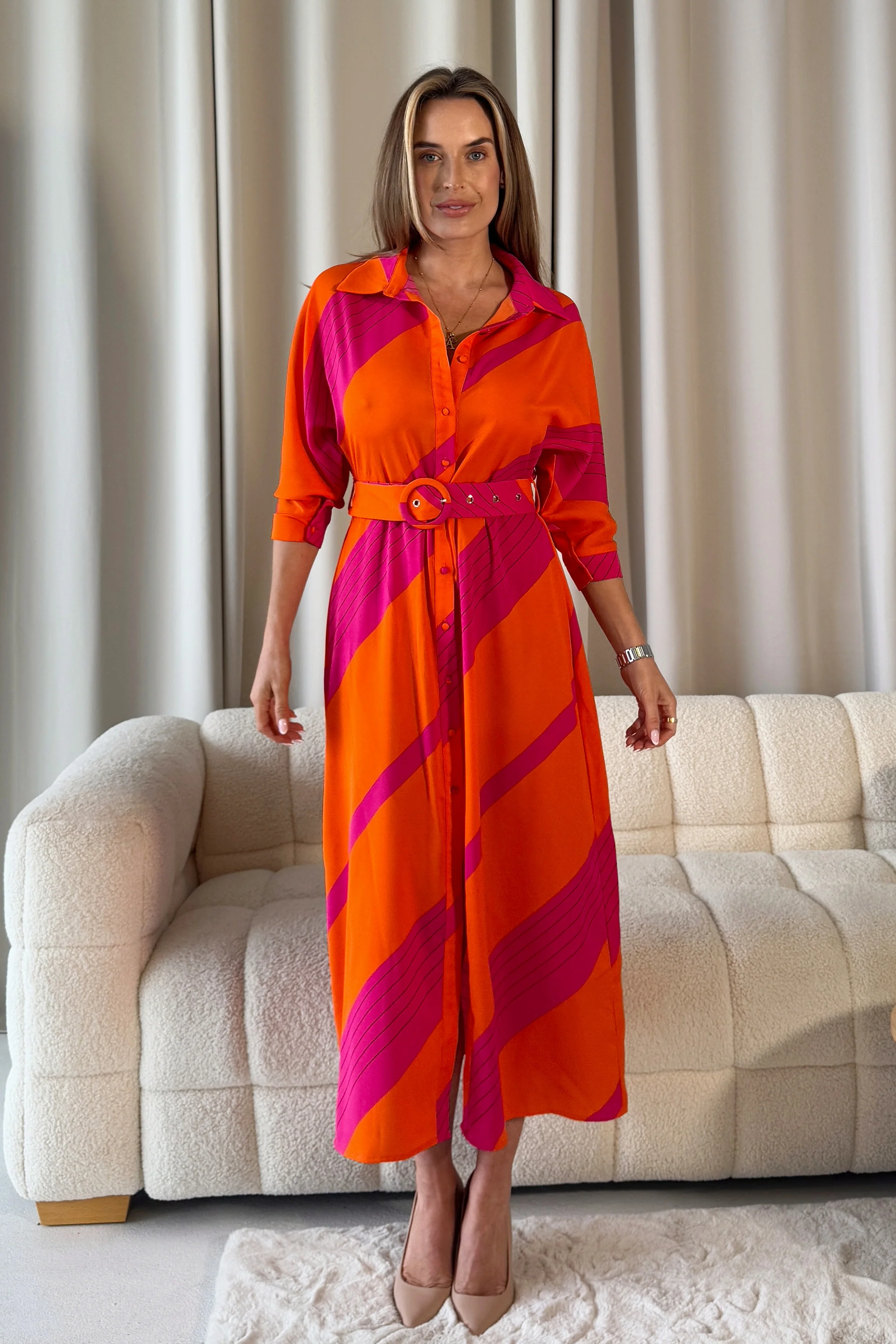 Adrian Orange Pink Buckle Wrap Shirt Dress - Image 4