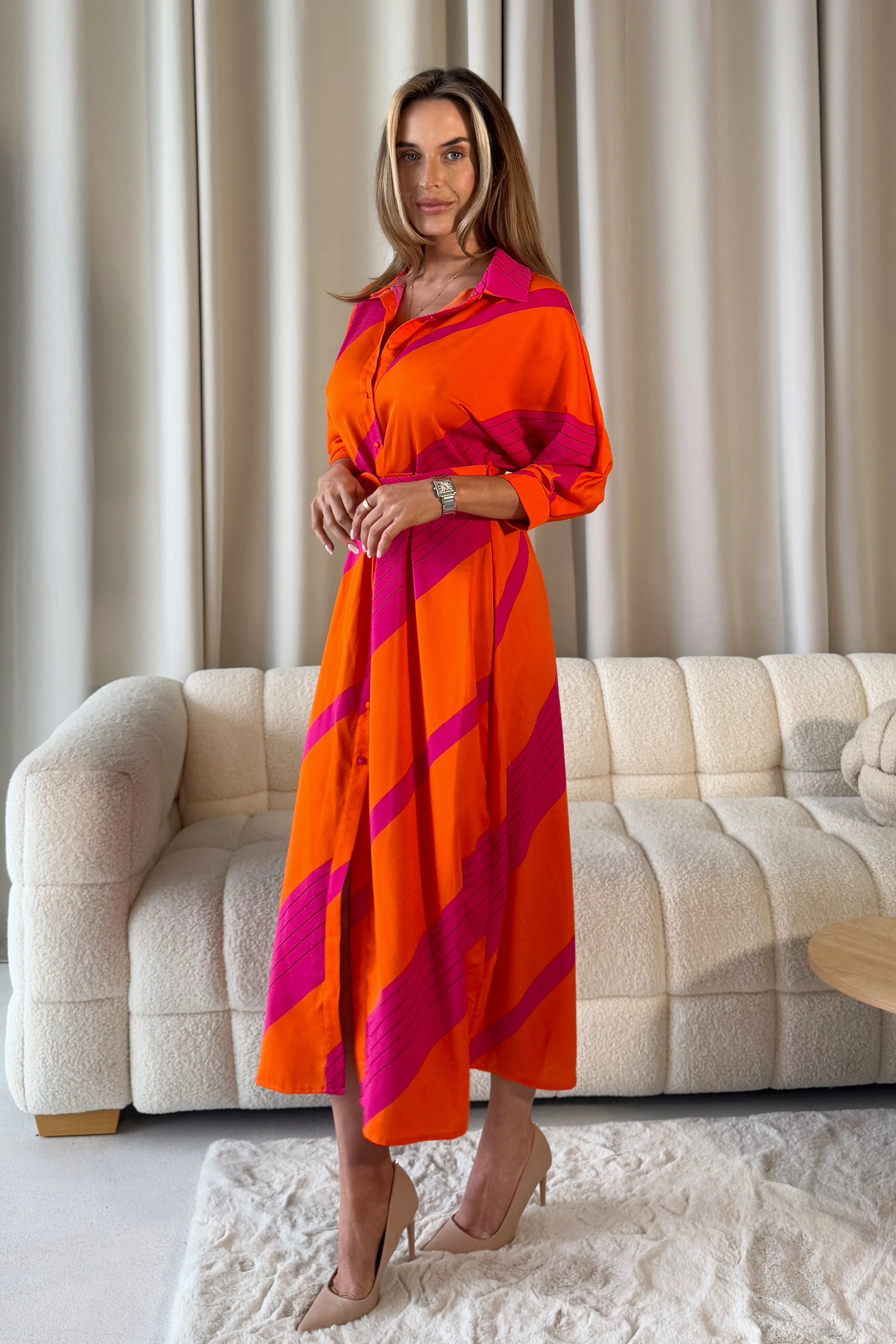 Adrian Orange Pink Buckle Wrap Shirt Dress - Image 5