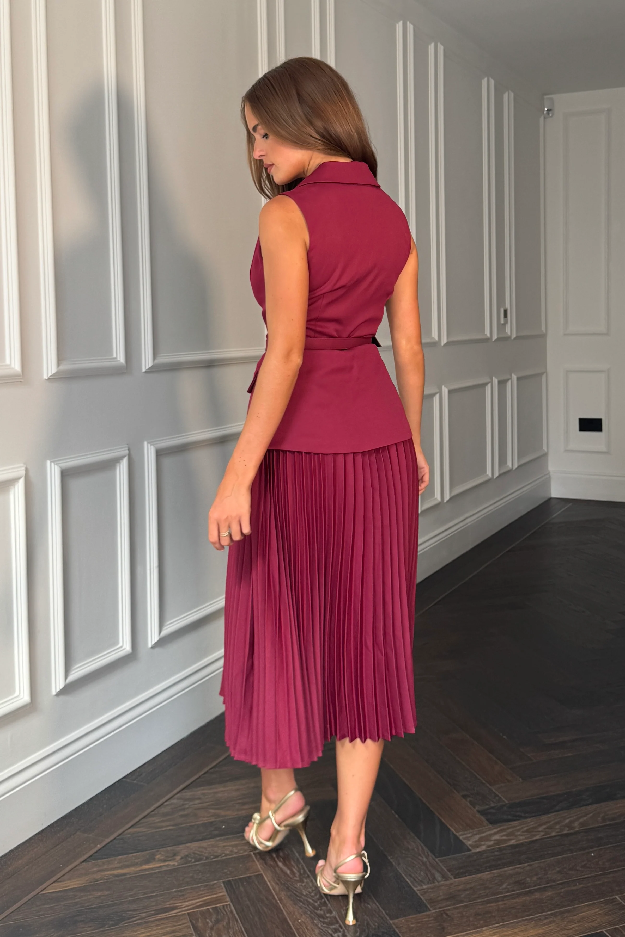 Agatha Pleated Skirt Waistcoat Midi Dress Berry - Image 5