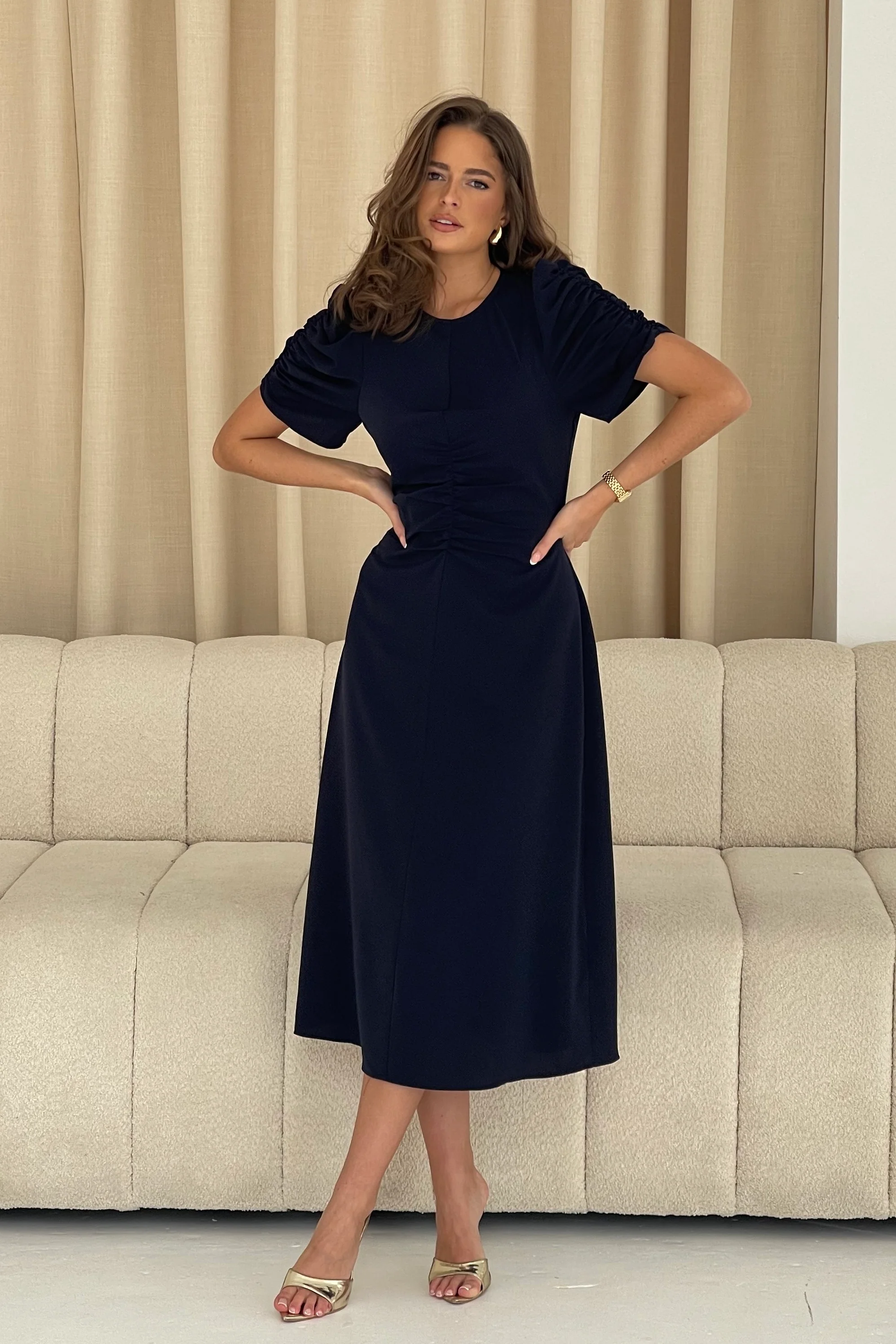 Aileen Ruched Detail Puff Sleeve Midi Dress Navy - Image 3