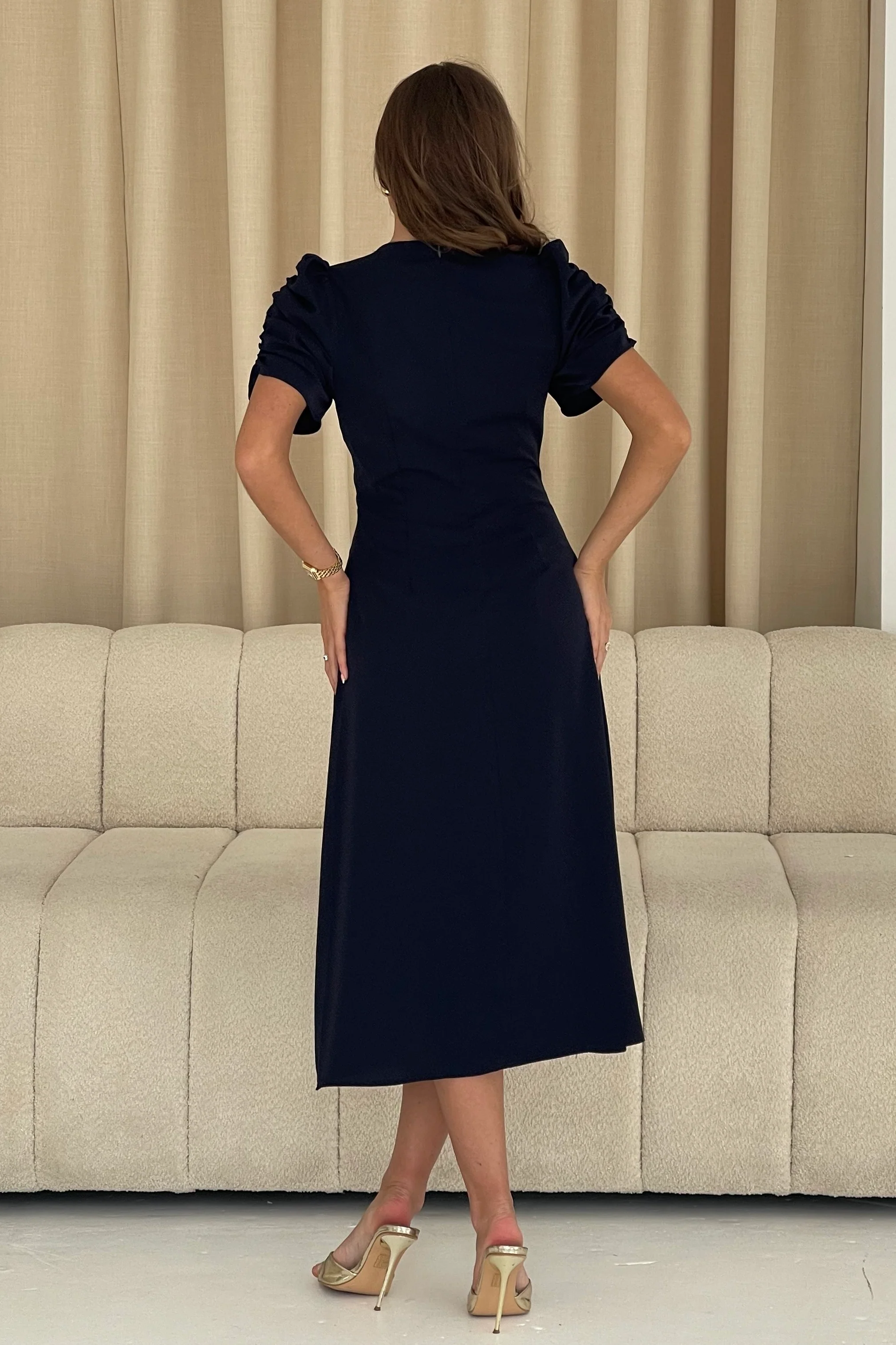 Aileen Ruched Detail Puff Sleeve Midi Dress Navy - Image 5