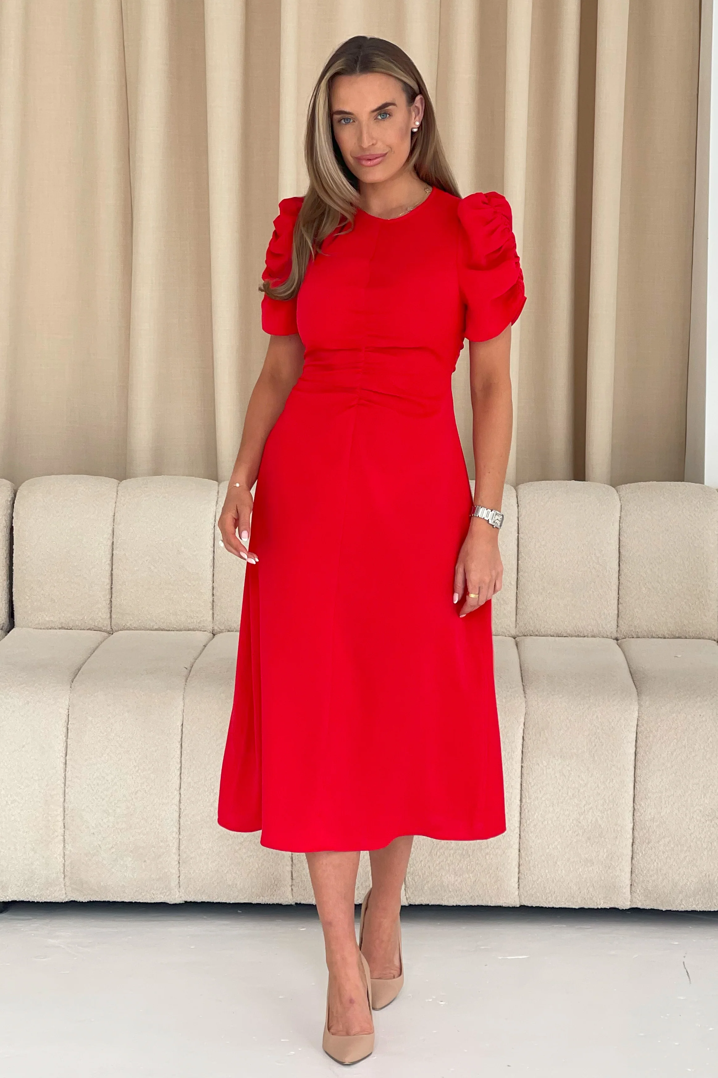 Aileen Ruched Detail Puff Sleeve Midi Dress Red - Image 4