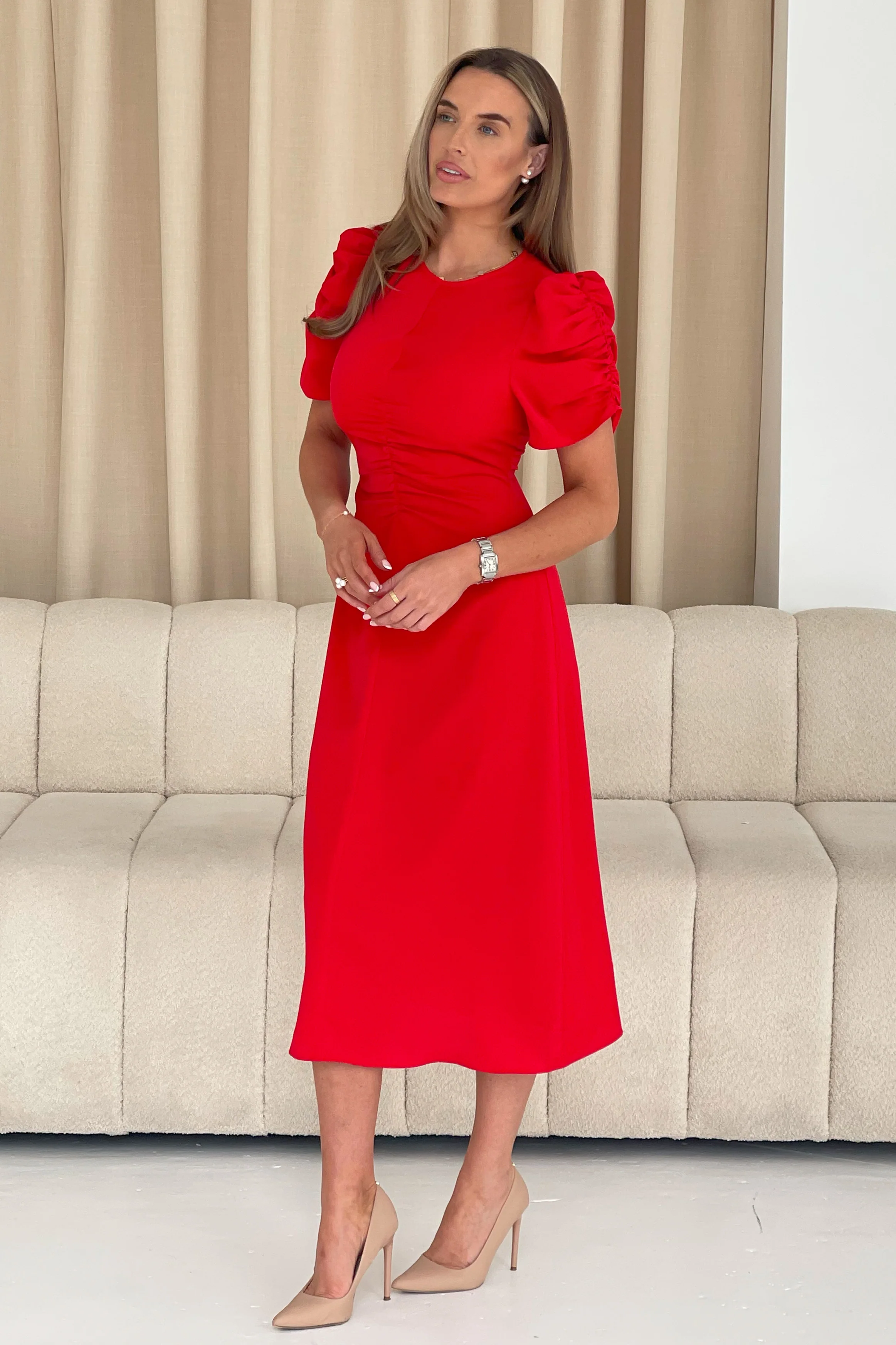 Aileen Ruched Detail Puff Sleeve Midi Dress Red - Image 5