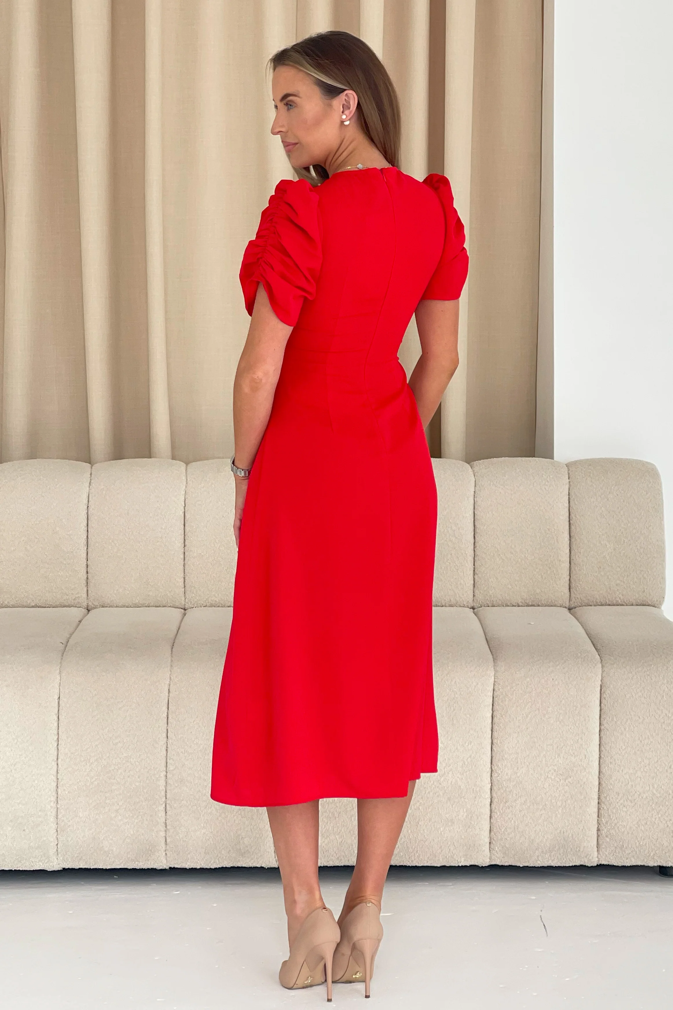 Aileen Ruched Detail Puff Sleeve Midi Dress Red - Image 6