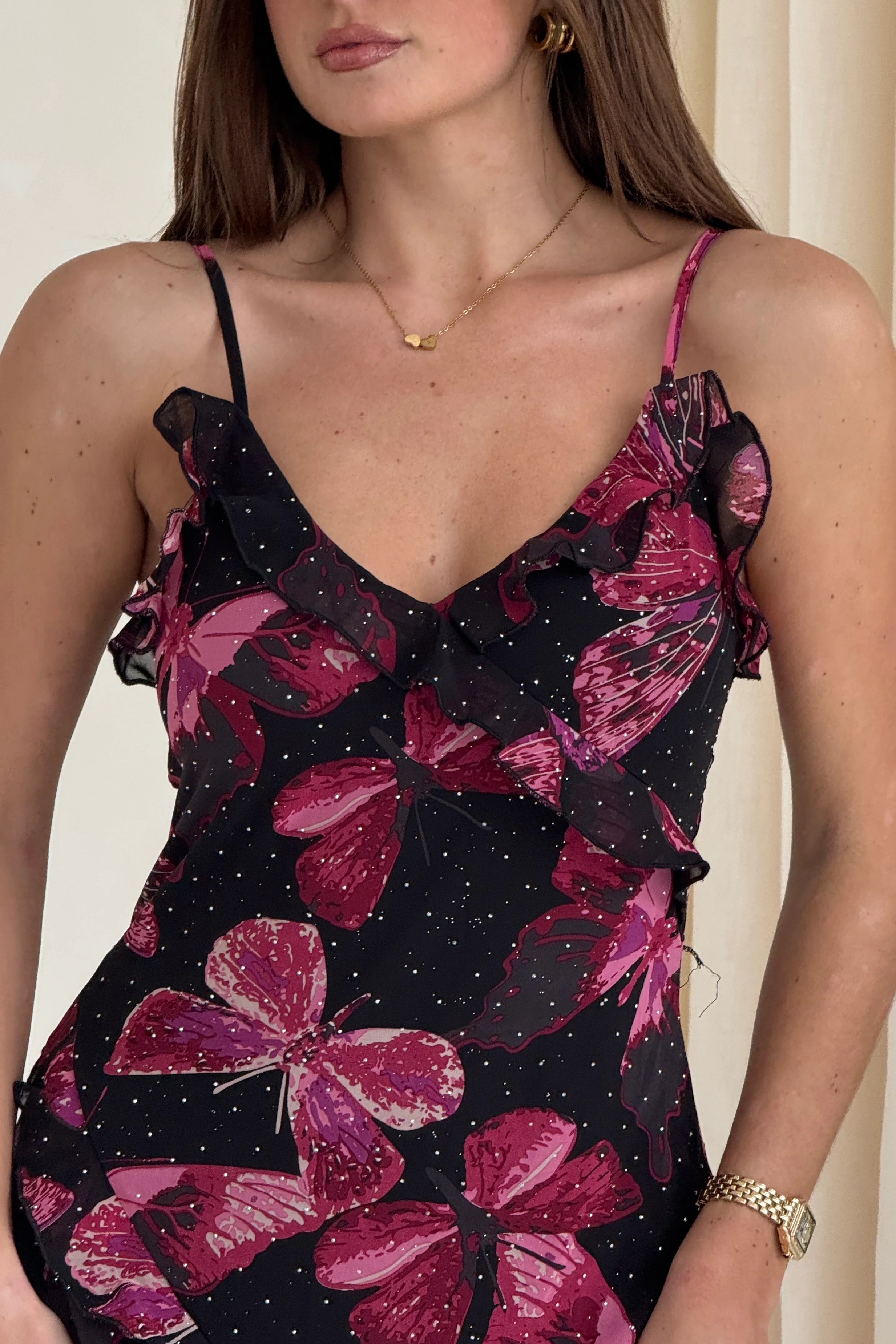 Ainsley Frill Detail Diamond Butterfly Print Midi Dress Black - Image 4