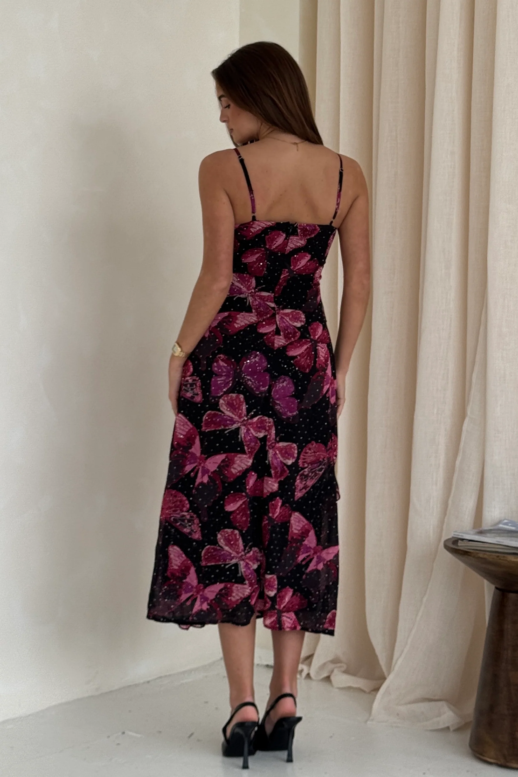 Ainsley Frill Detail Diamond Butterfly Print Midi Dress Black - Image 6