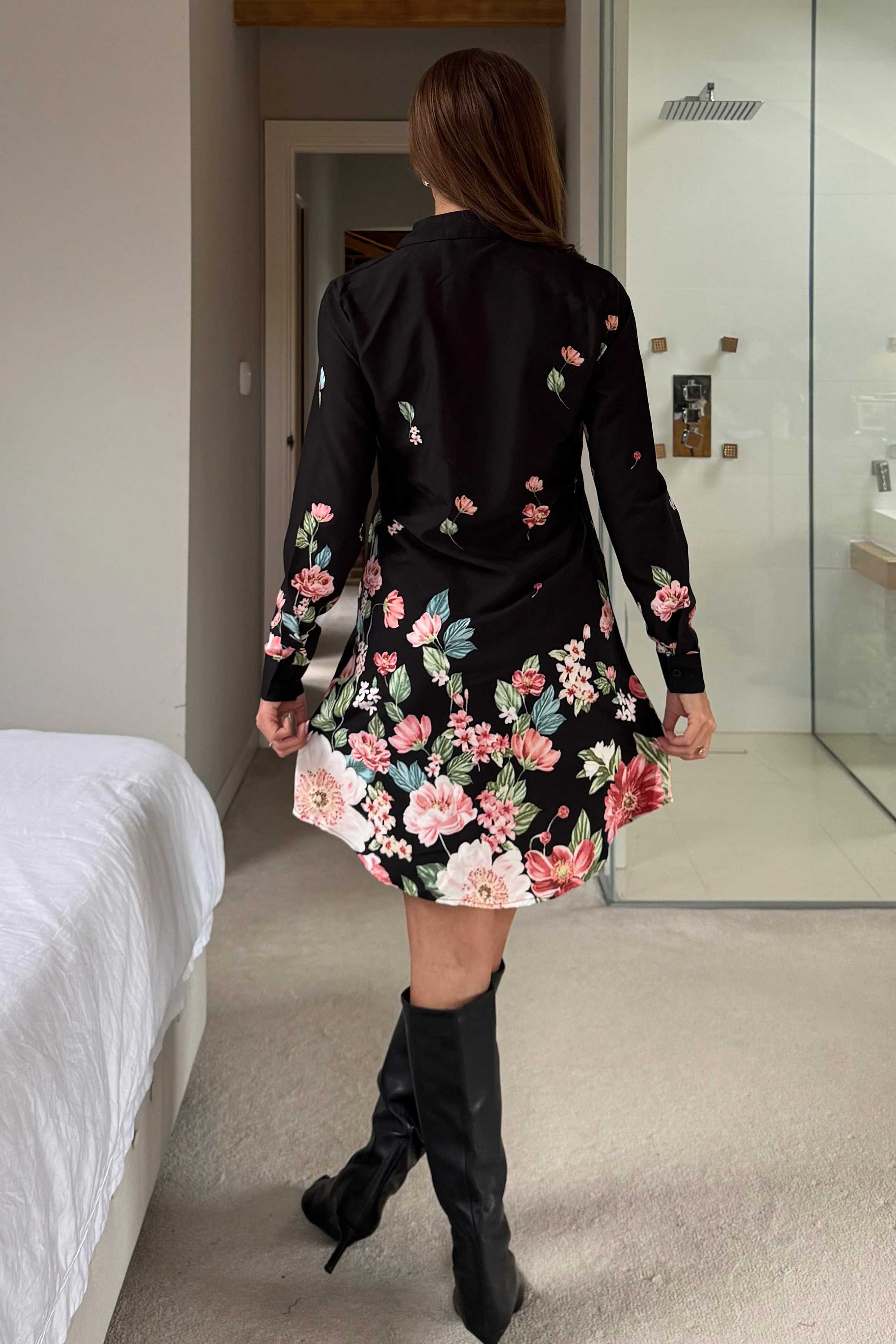 Alana Floral Boarder Print Shirt Dress Black - Image 4