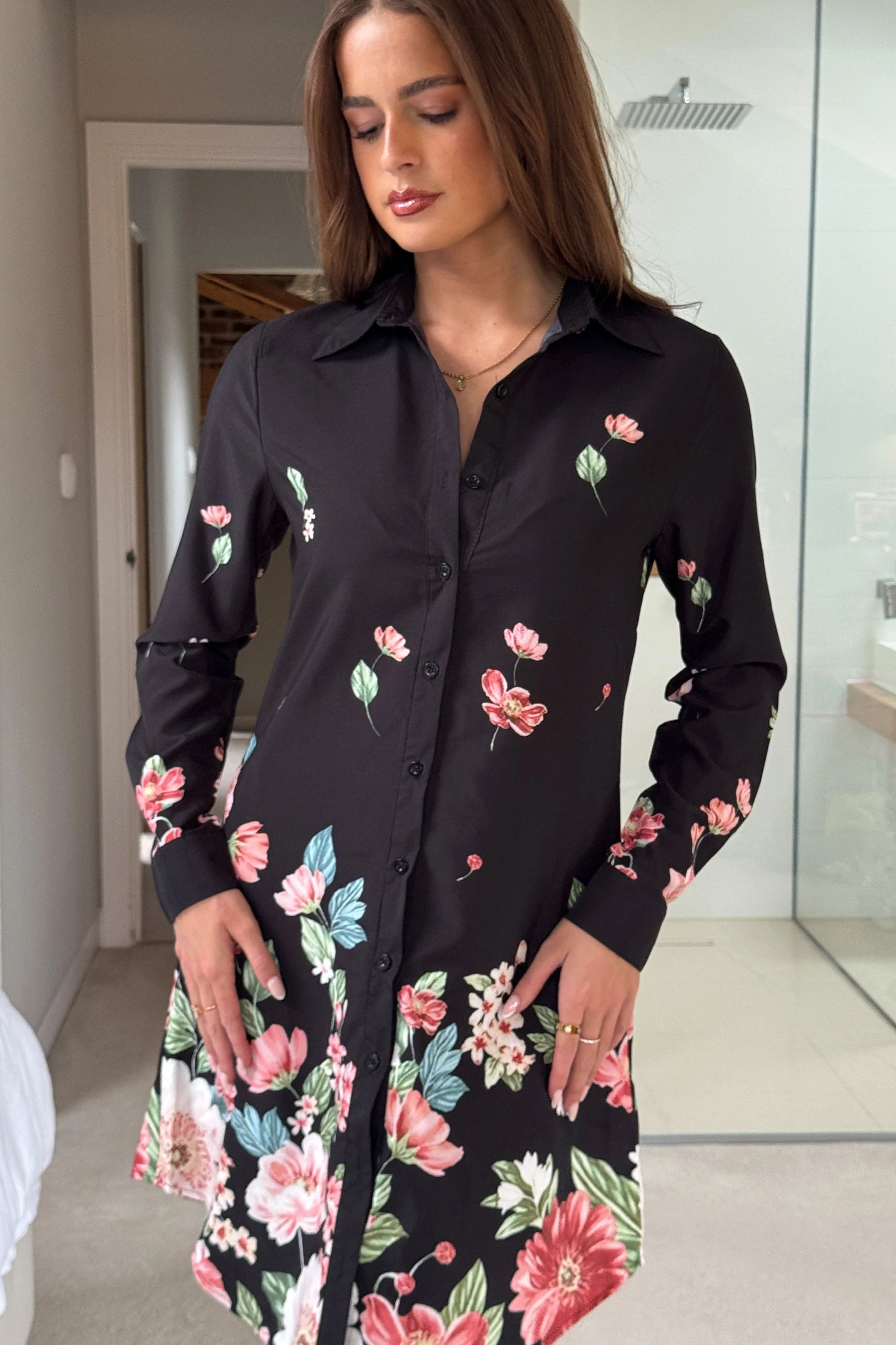 Alana Floral Boarder Print Shirt Dress Black - Image 5