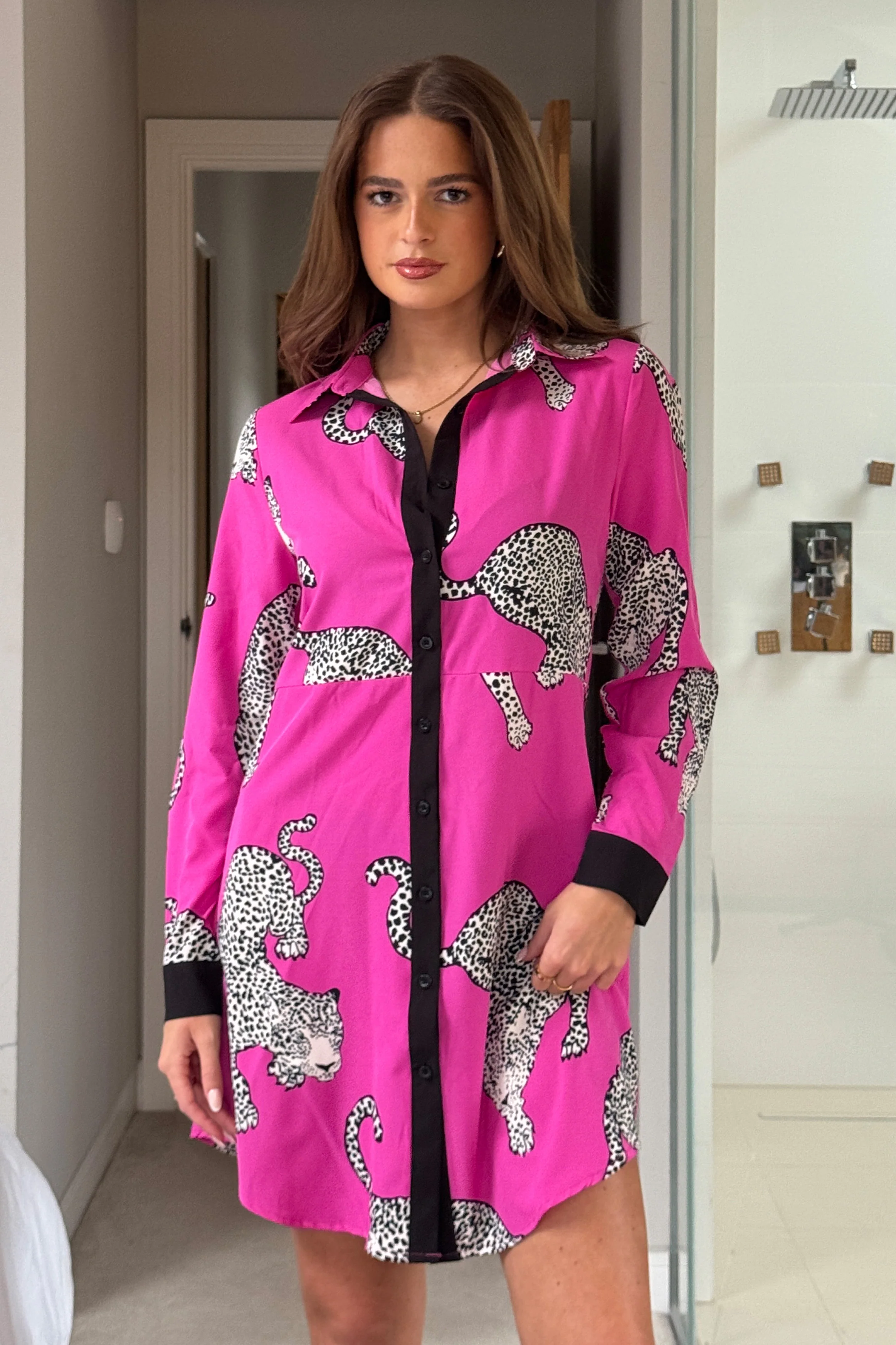 Alana Pink Cheetah Print Mini Shirt Dress - Image 3