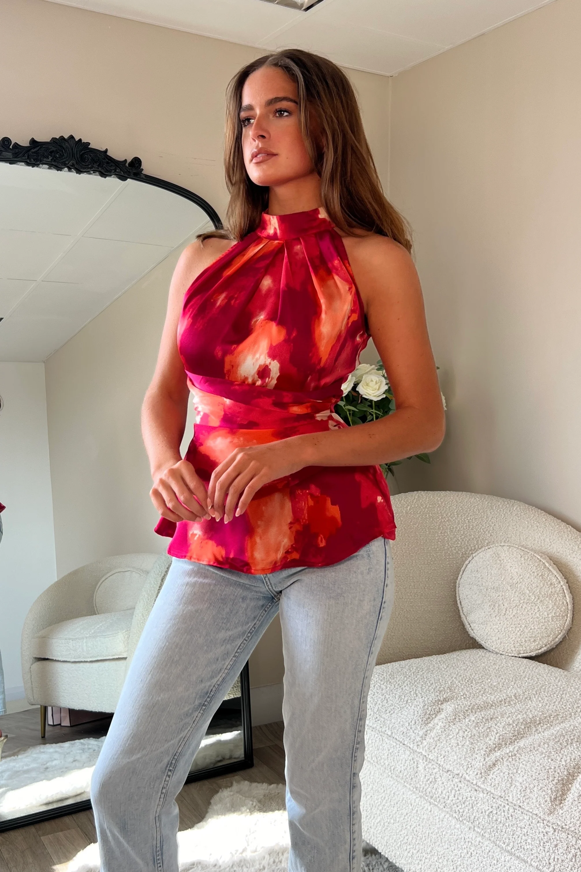 Alessia Halter Neck Top Pink Abstract - Image 3