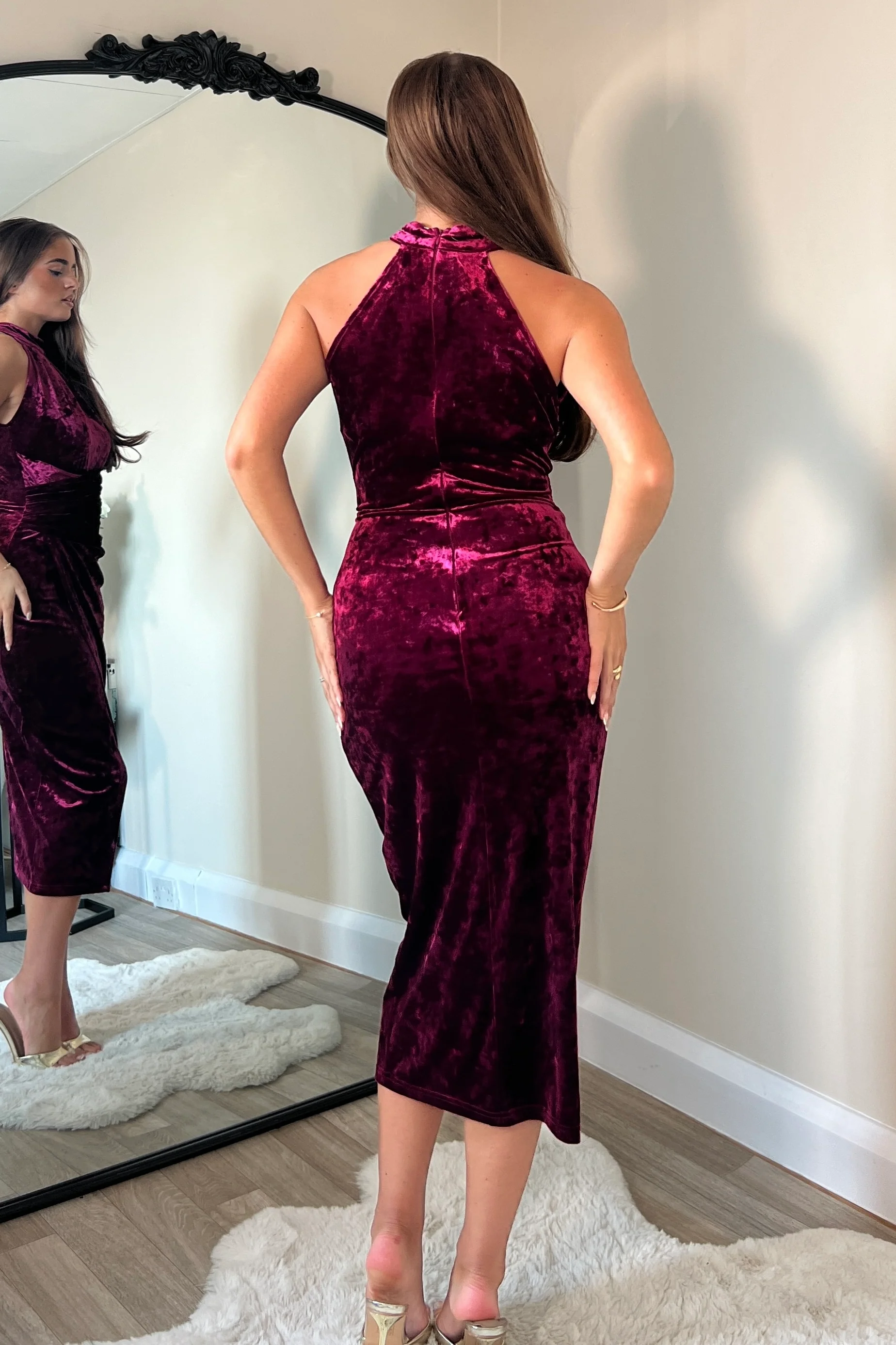 Alessia Velvet Halter Neck Midi Dress Wine - Image 4