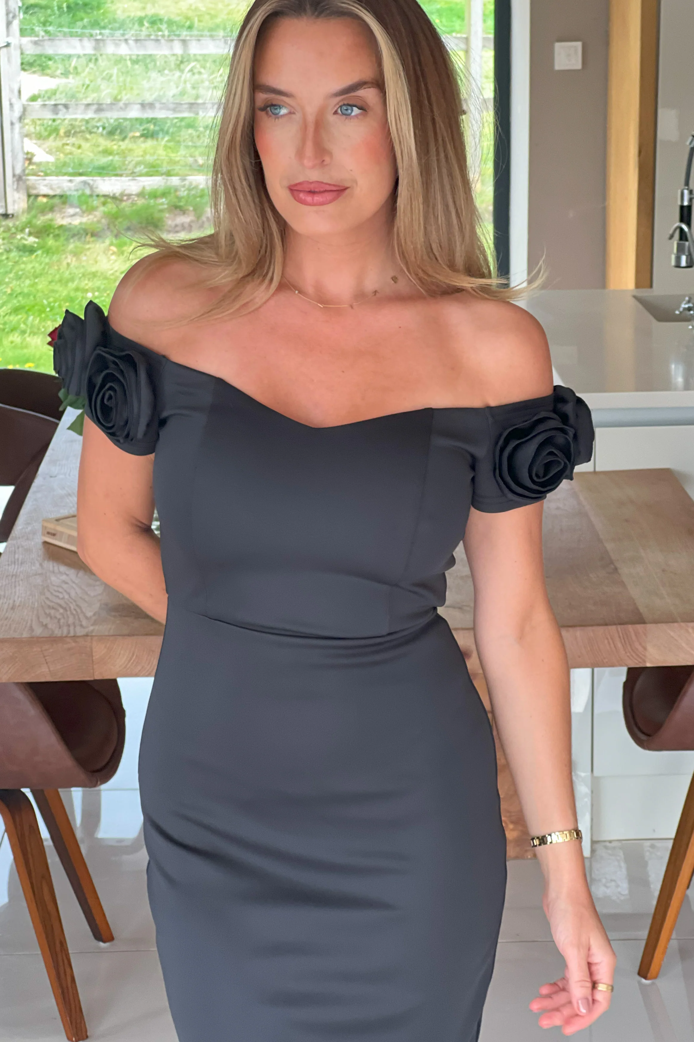 Alice 3D Floral Detail Off The Shoulder Midi Dress Black - Image 2