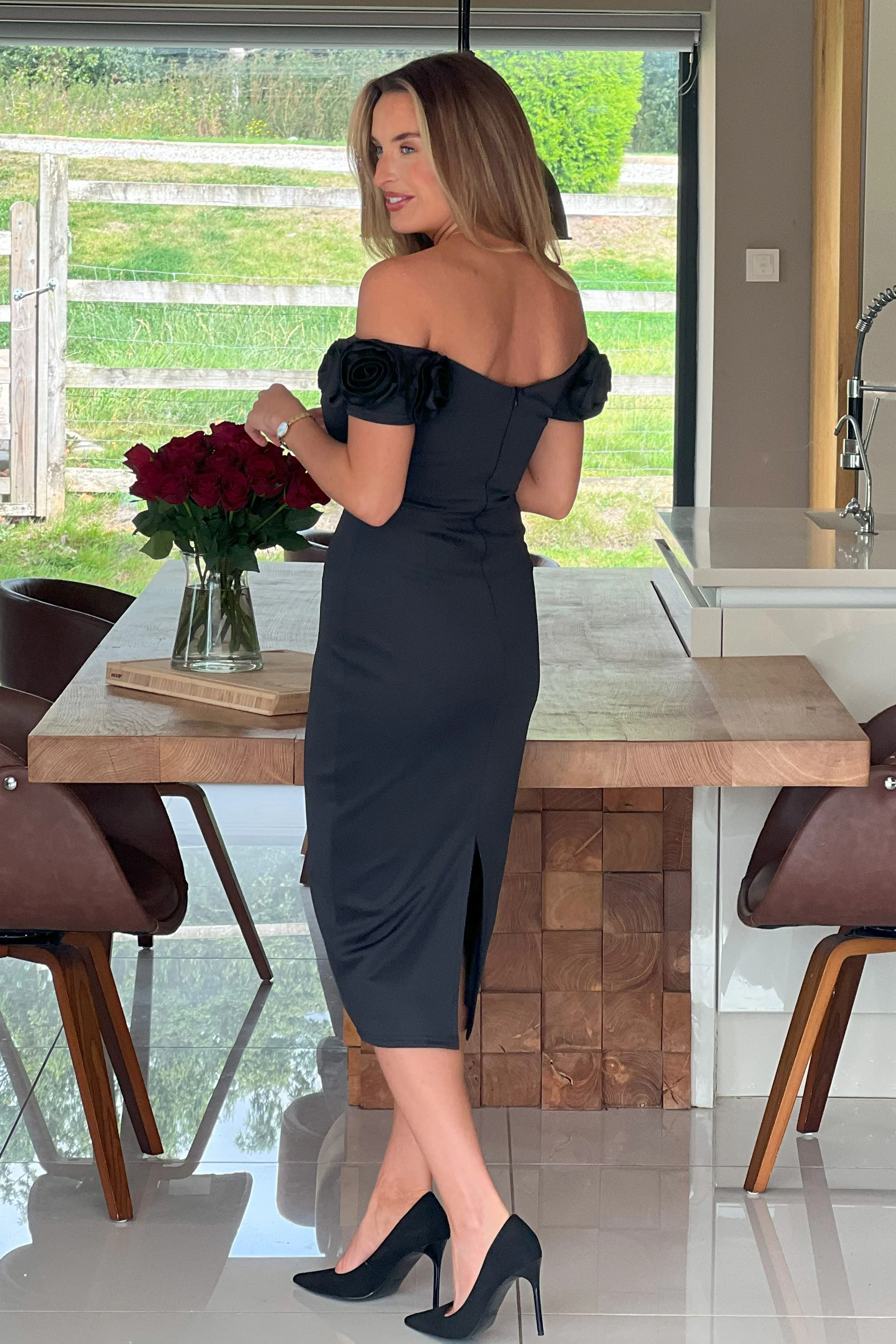 Alice 3D Floral Detail Off The Shoulder Midi Dress Black - Image 5