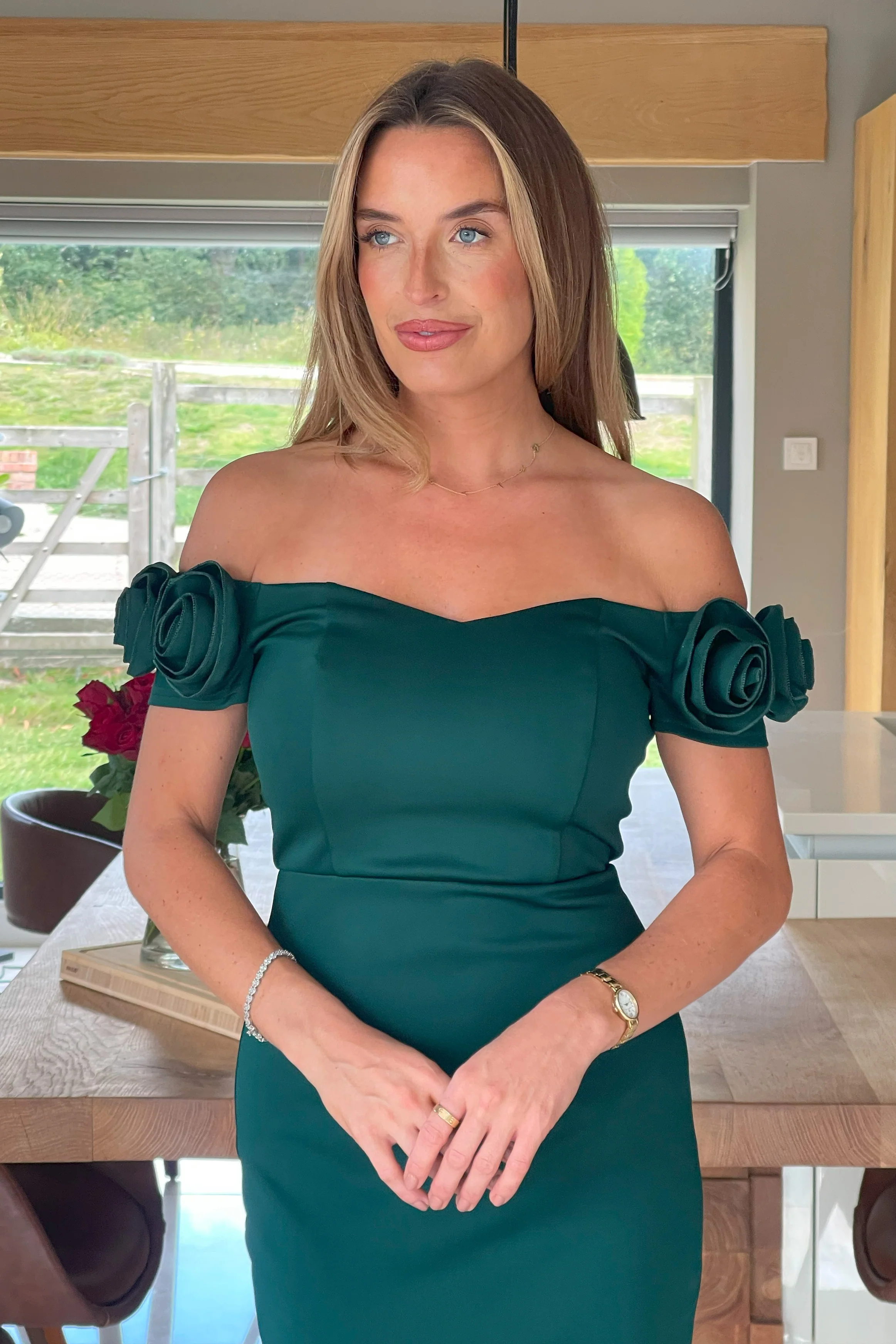 Alice 3D Floral Detail Off The Shoulder Midi Dress Emerald Green - Image 2