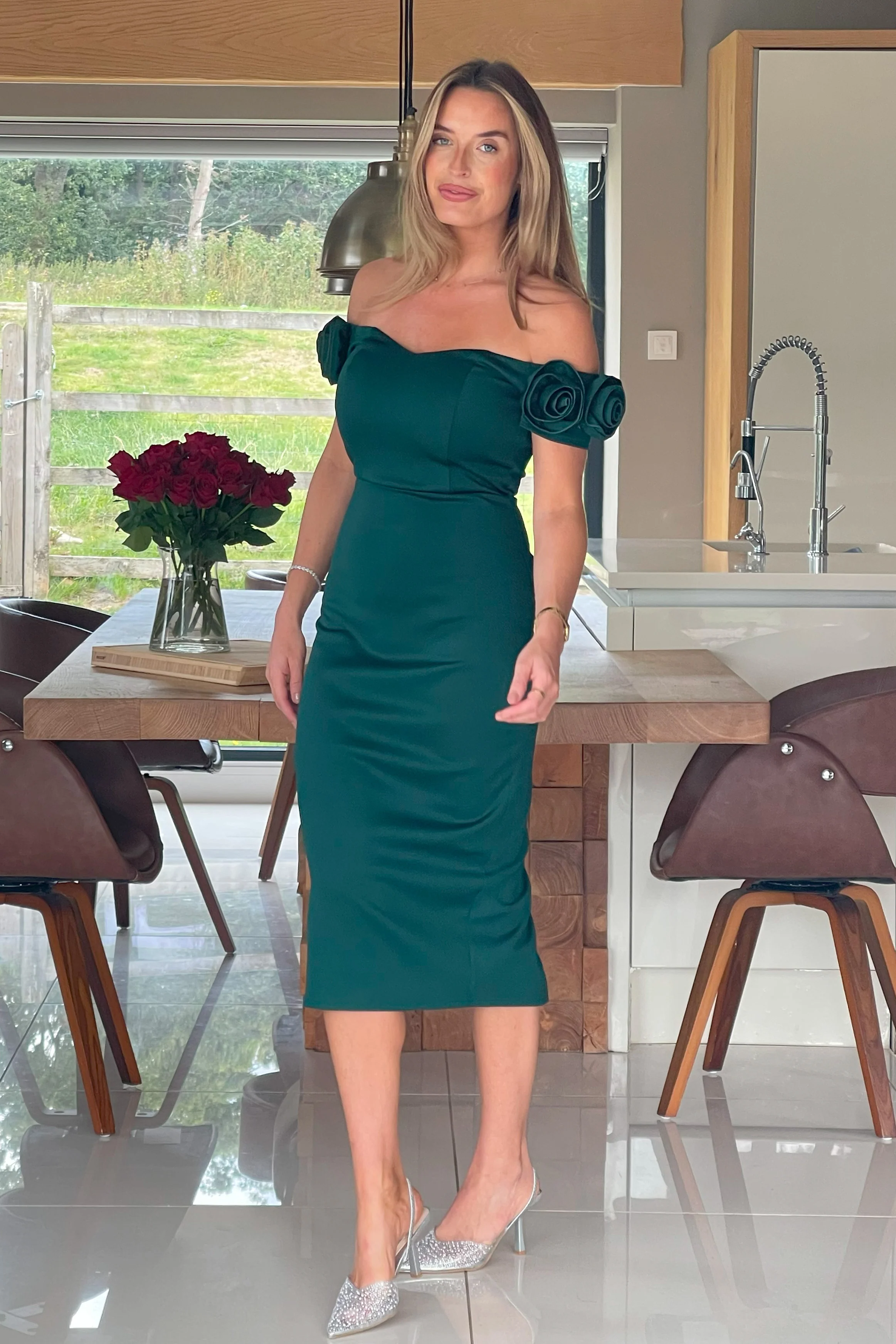 Alice 3D Floral Detail Off The Shoulder Midi Dress Emerald Green - Image 3