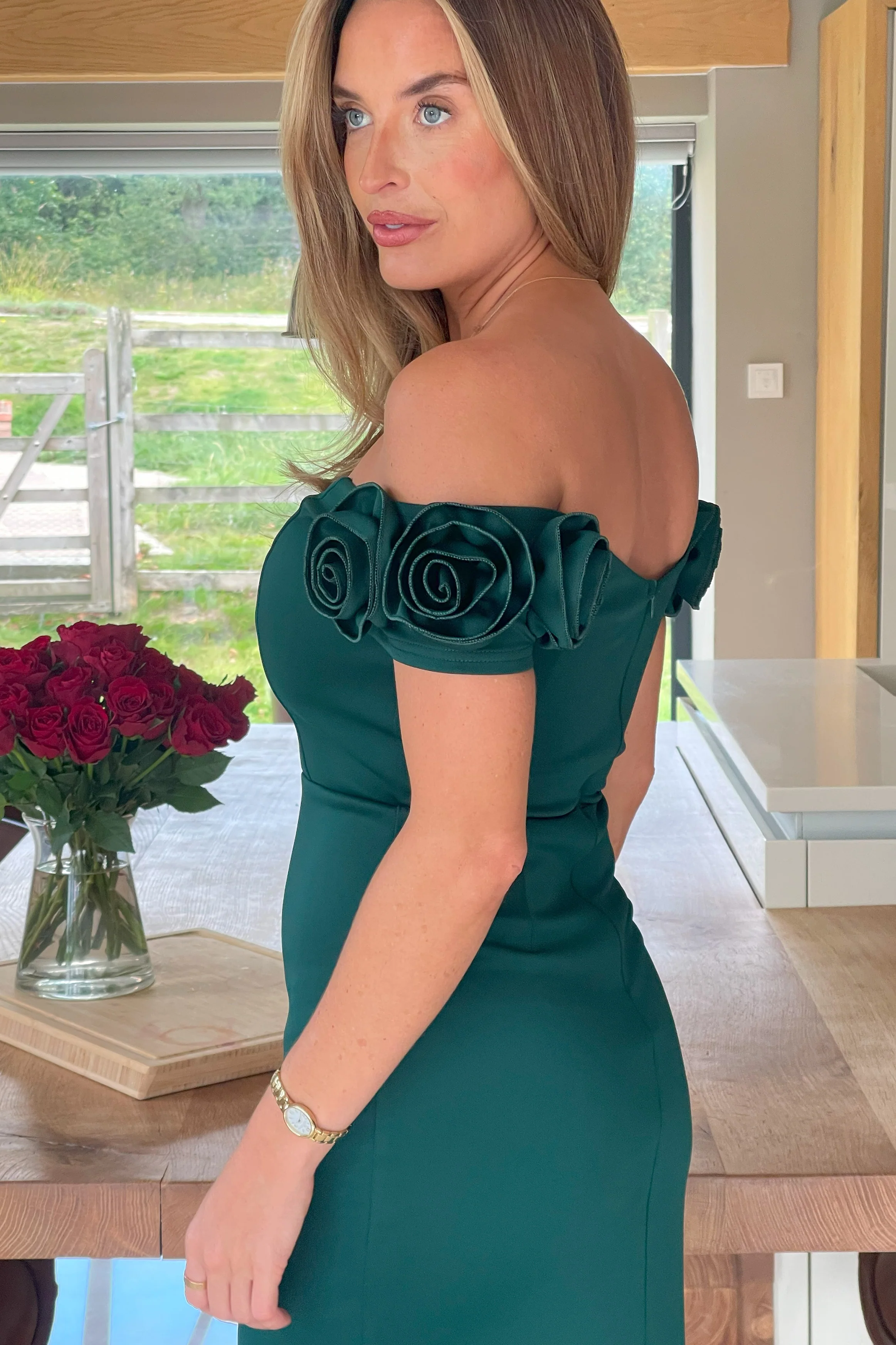 Alice 3D Floral Detail Off The Shoulder Midi Dress Emerald Green - Image 5