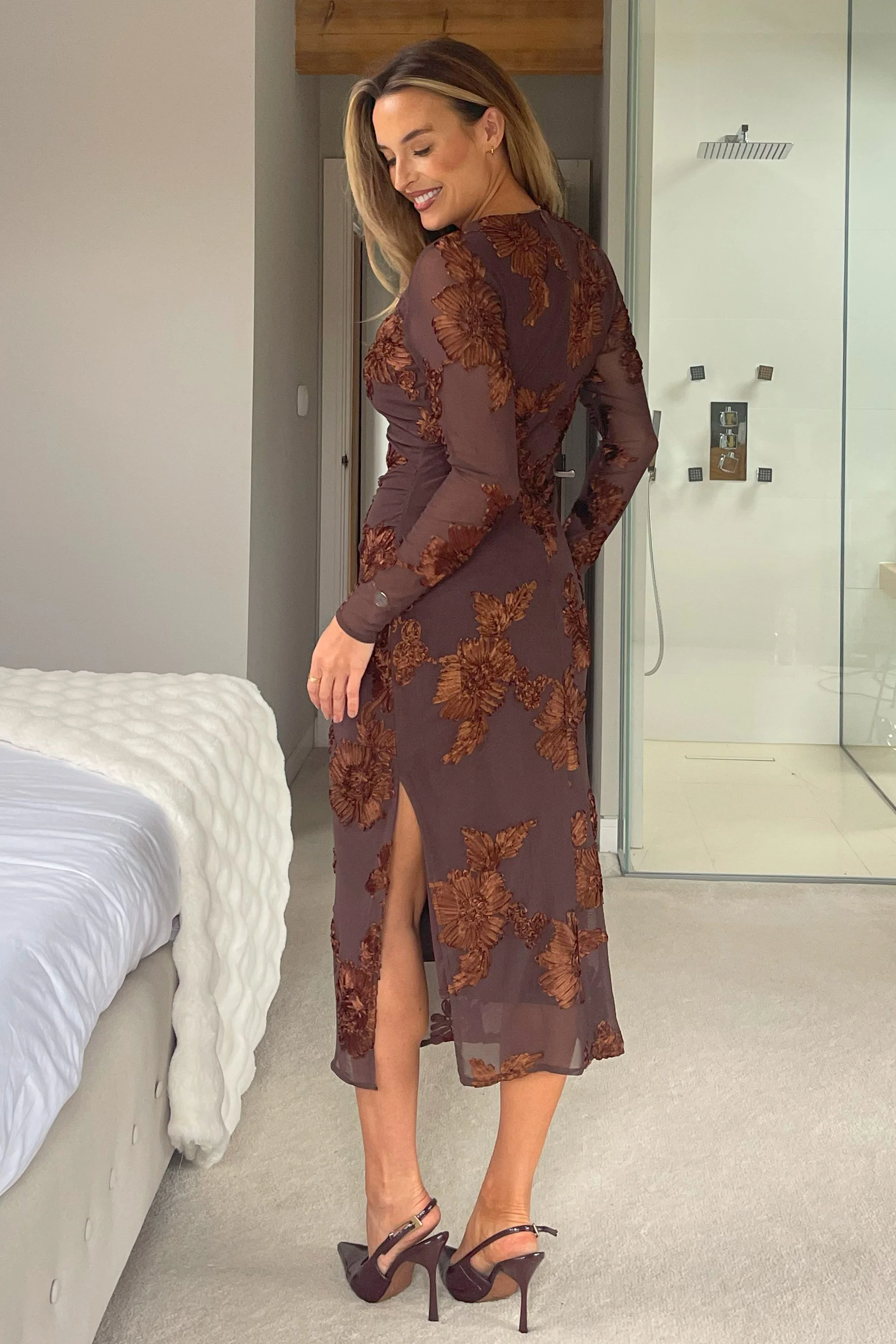 Elodie Floral Embroidered Mesh Bodycon Midi Dress Brown - Image 6