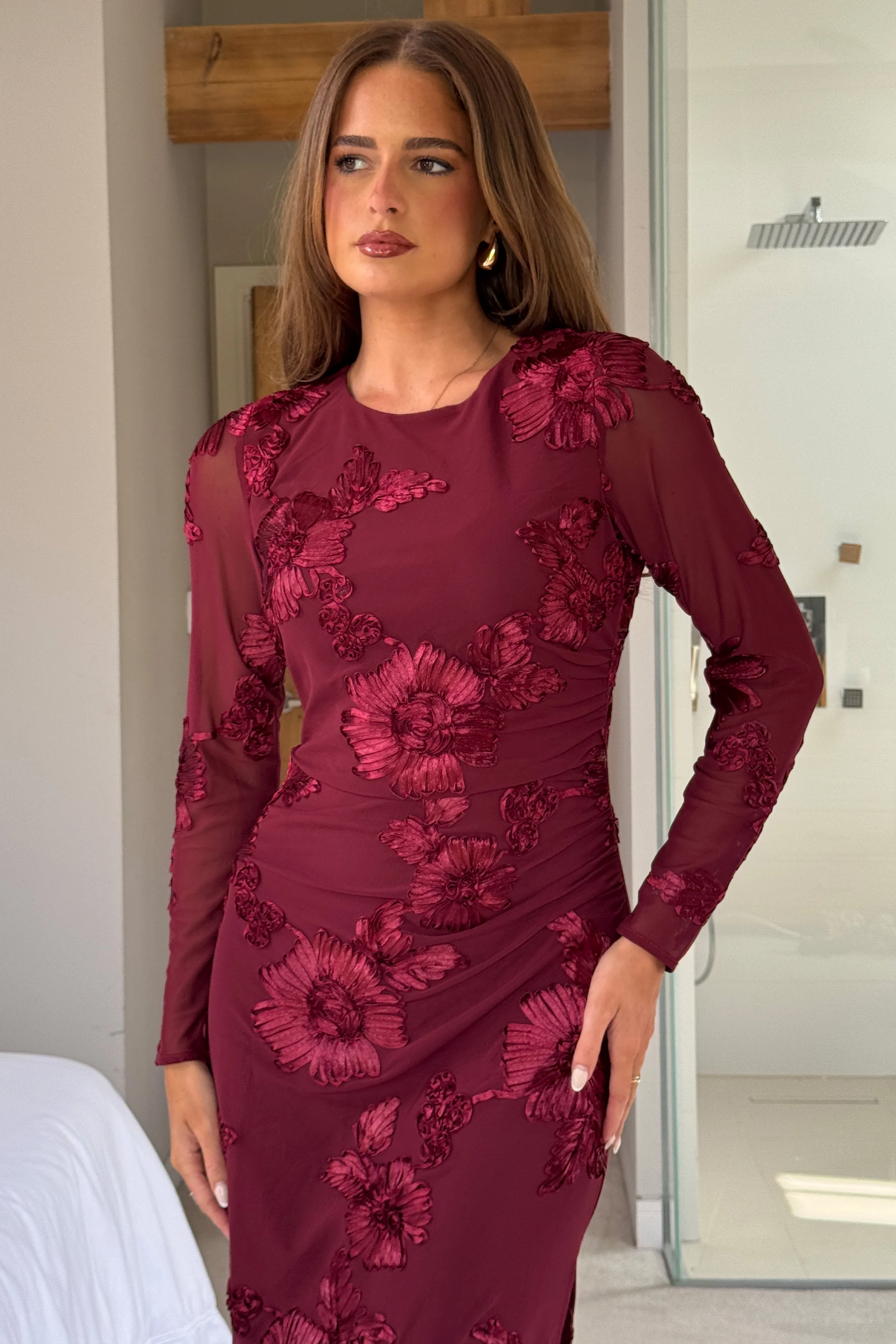 Elodie Floral Embroidered Mesh Bodycon Midi Dress Plum - Image 3