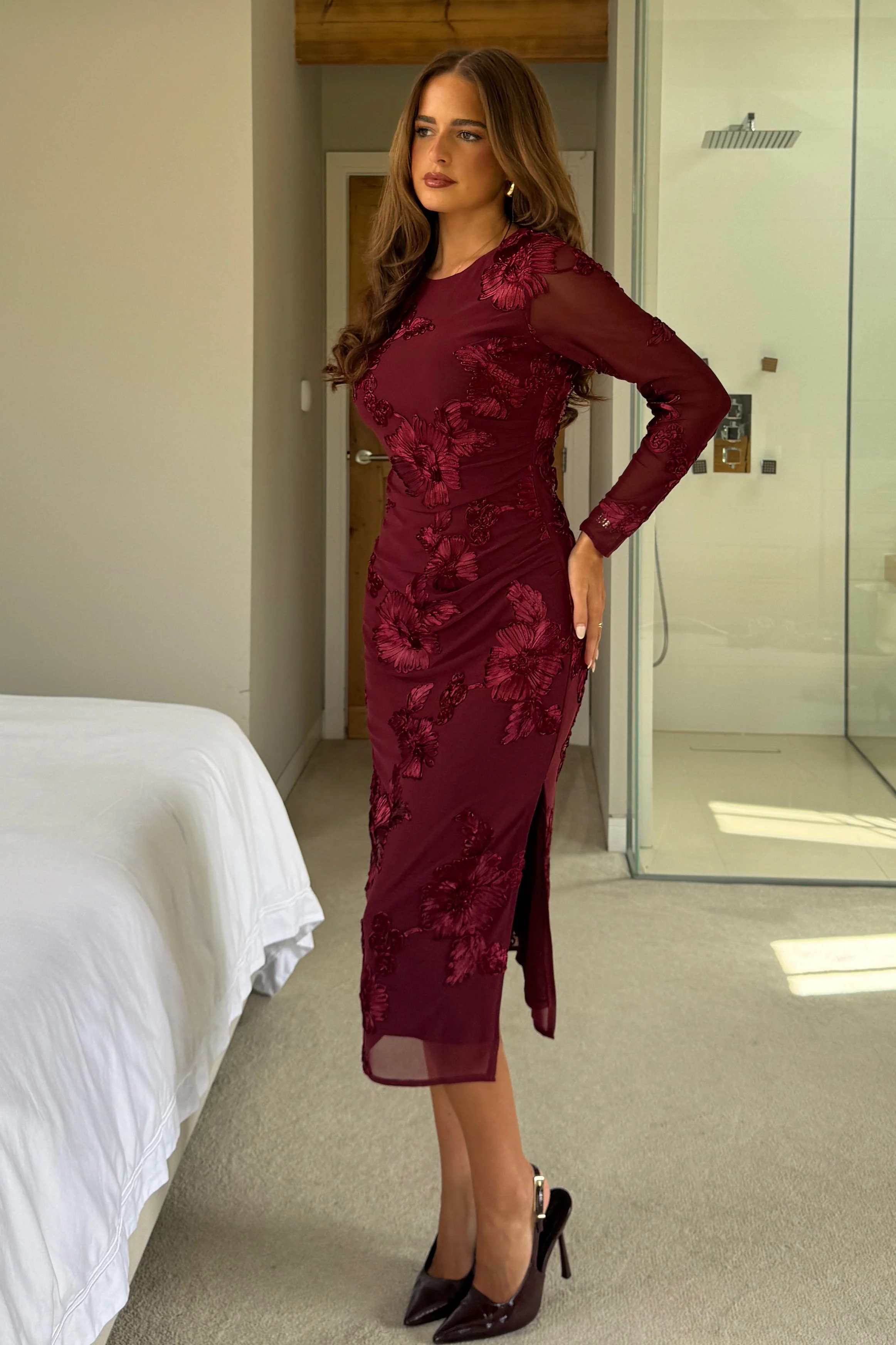 Elodie Floral Embroidered Mesh Bodycon Midi Dress Plum - Image 4