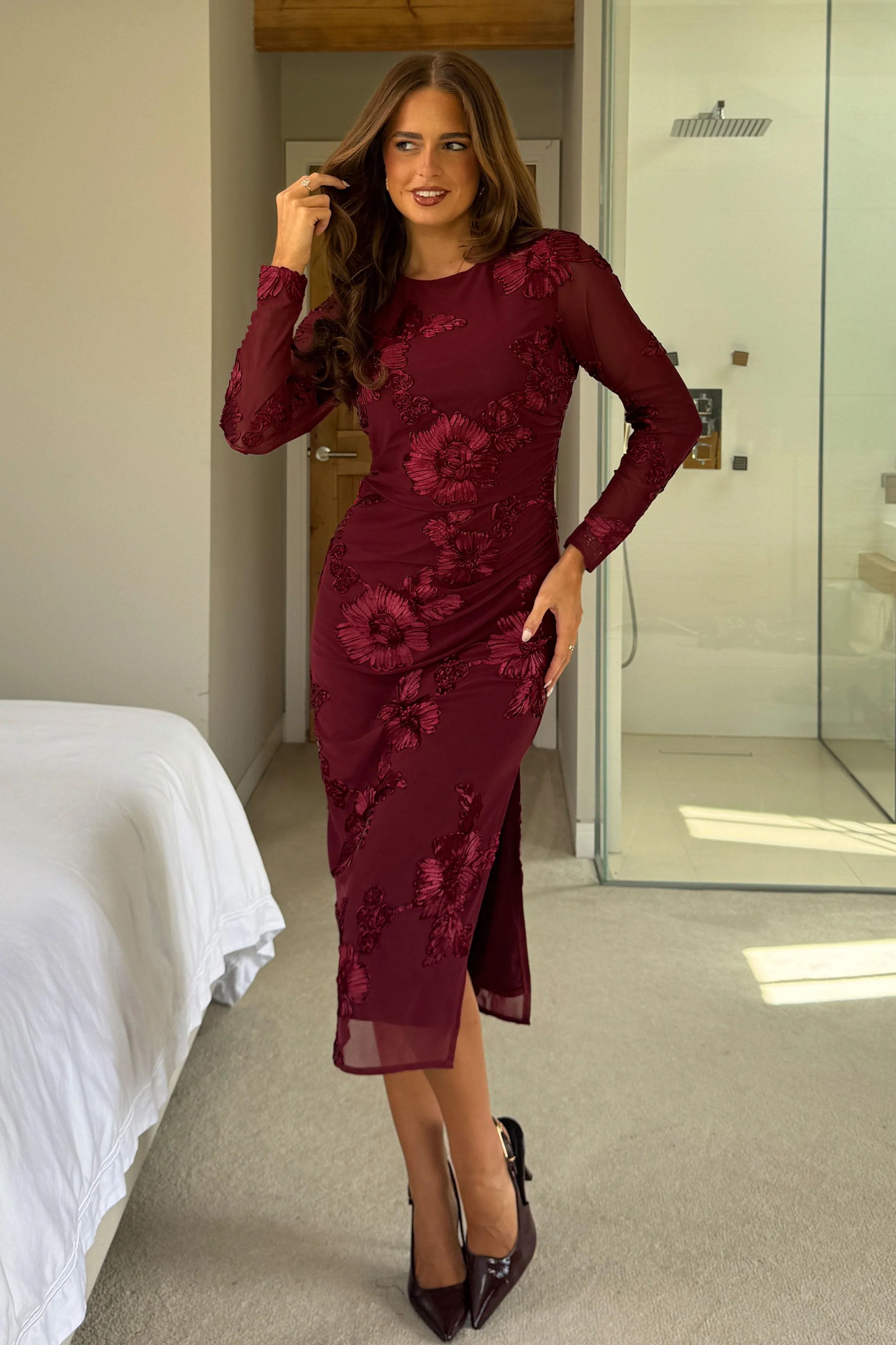 Elodie Floral Embroidered Mesh Bodycon Midi Dress Plum - Image 5
