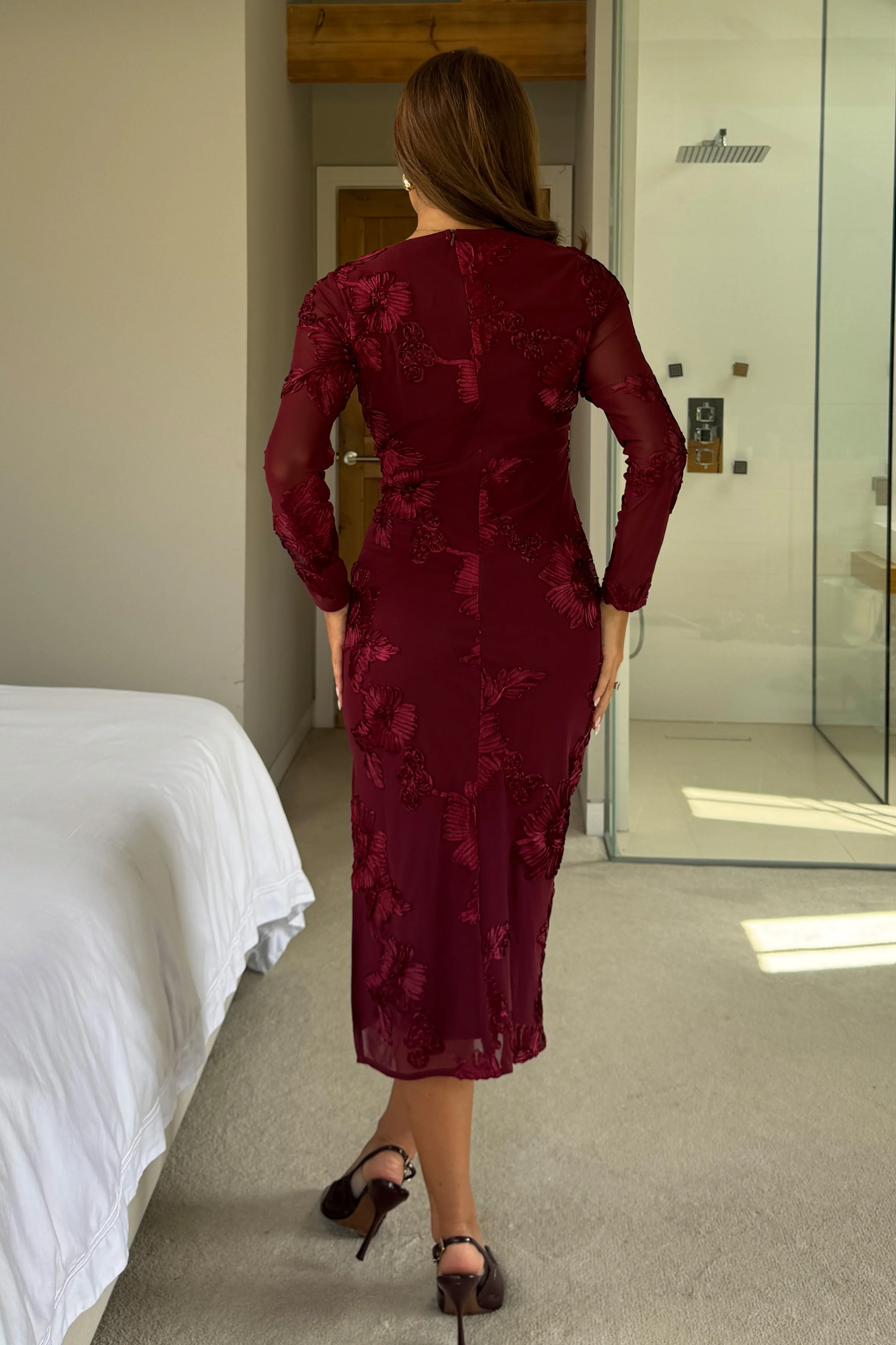 Elodie Floral Embroidered Mesh Bodycon Midi Dress Plum - Image 6