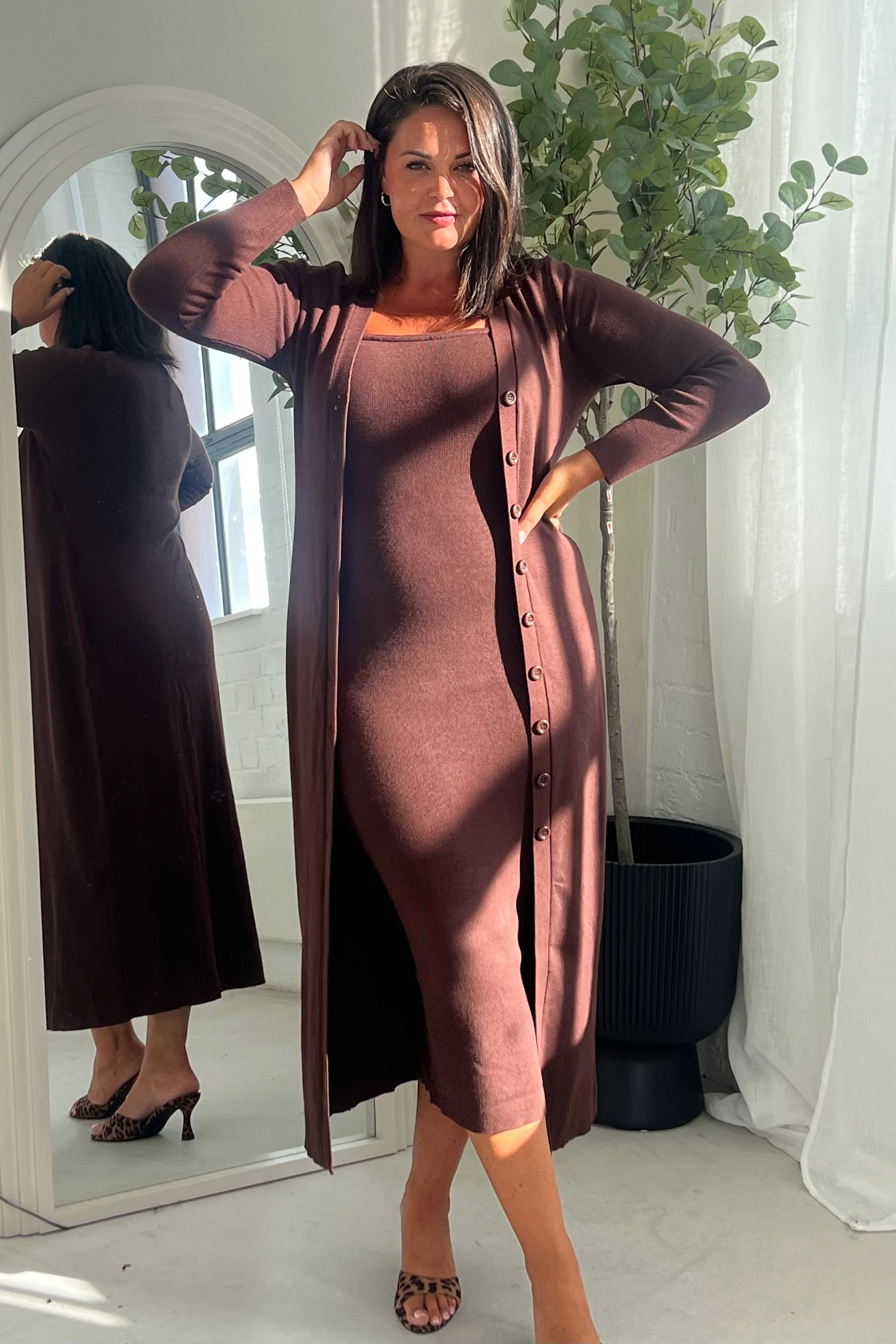 Alina Longline Cardigan Dress Brown - Image 3