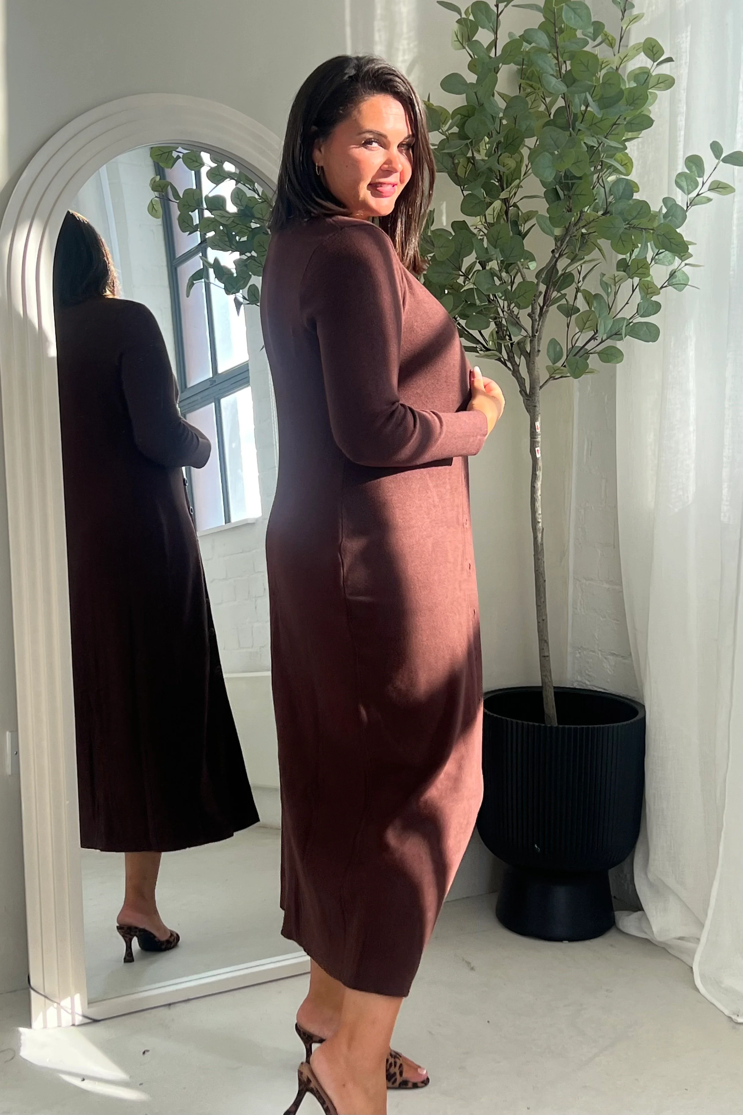 Alina Longline Cardigan Dress Brown - Image 5