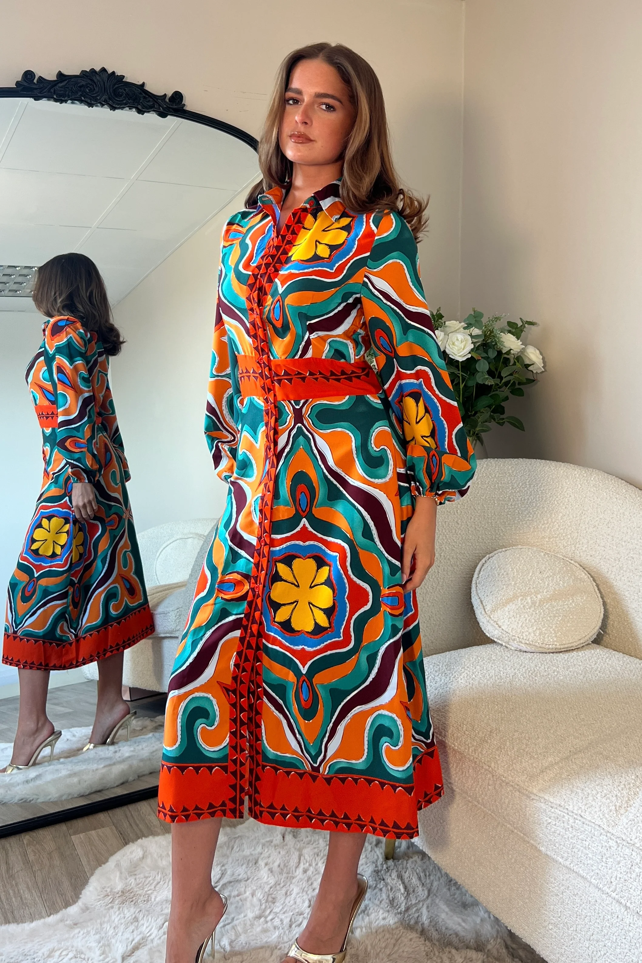 Alison Orange Abstract Shirt Dress - Image 3