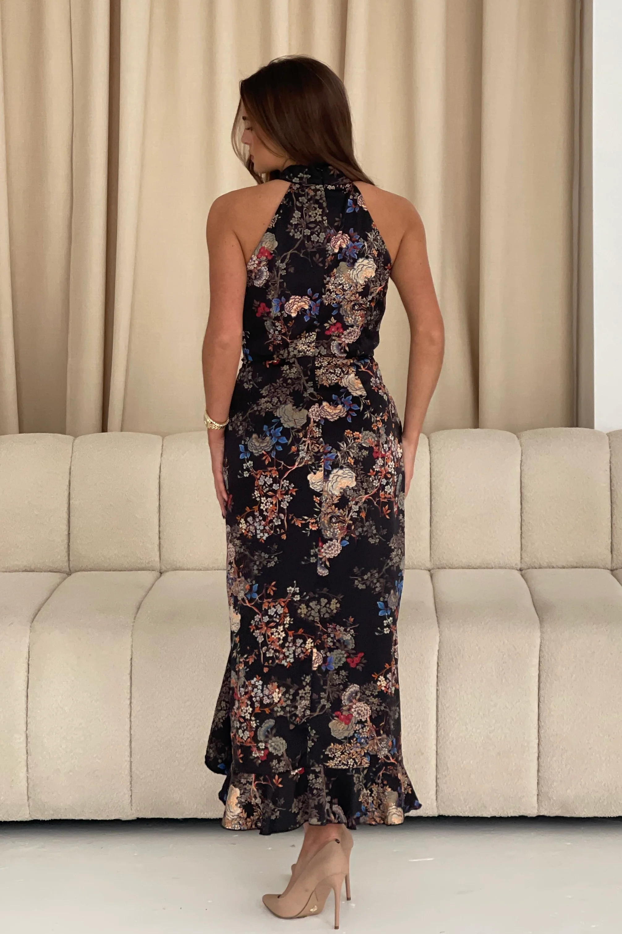 Amani Ruched Halter Neck Midi Dress Black Floral - Image 6