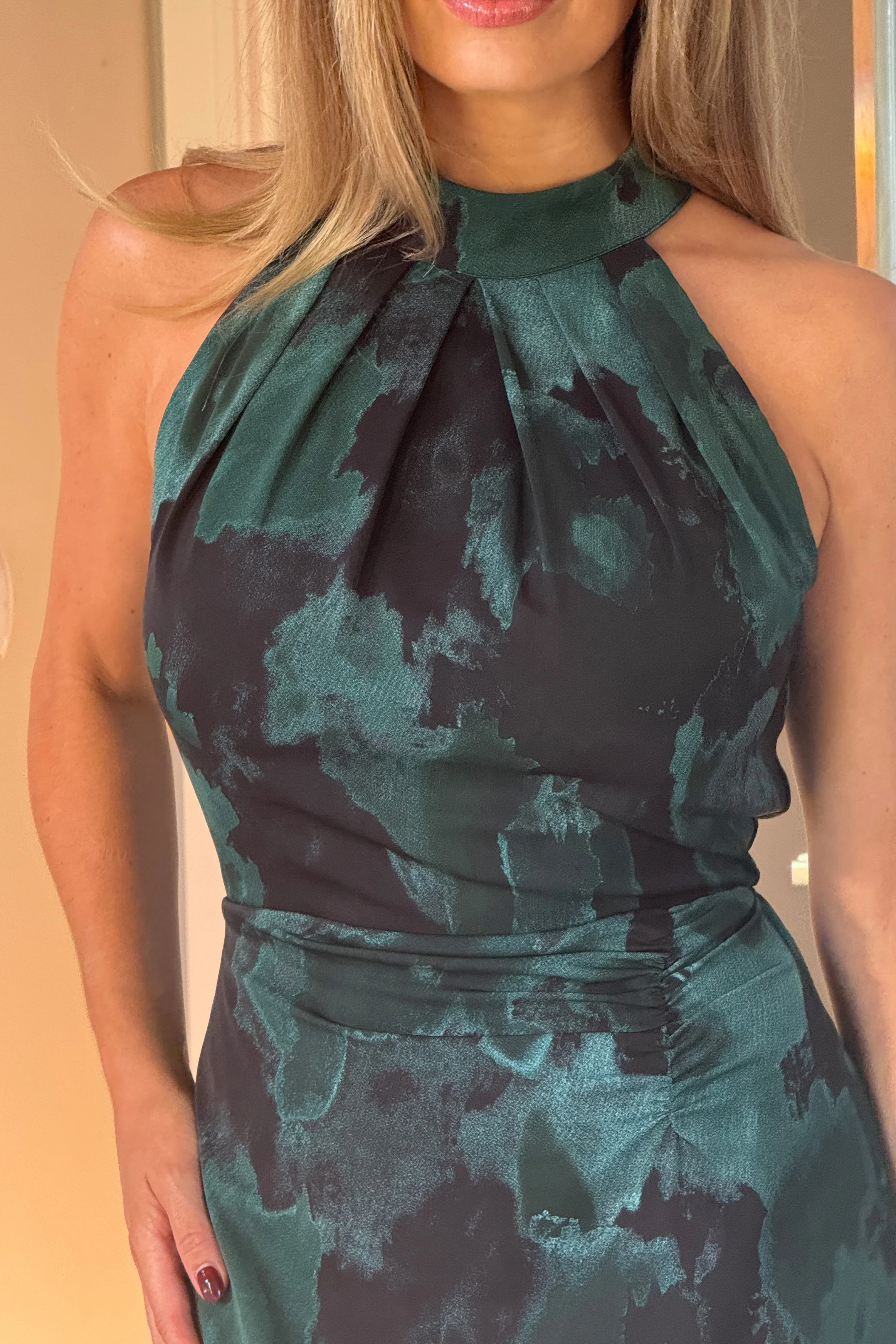 Amani Ruched Halter Neck Midi Dress Green Print - Image 2