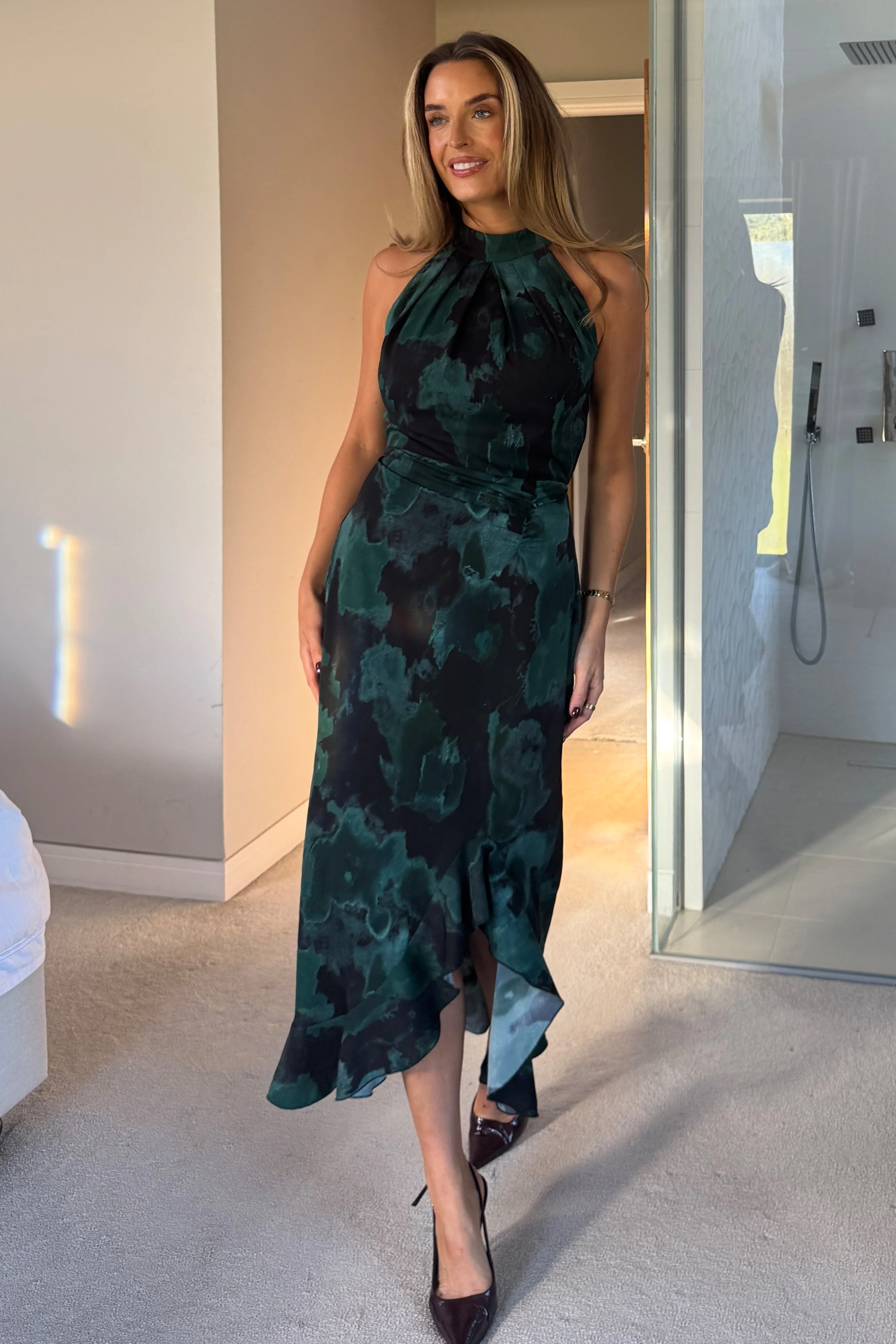 Amani Ruched Halter Neck Midi Dress Green Print - Image 4