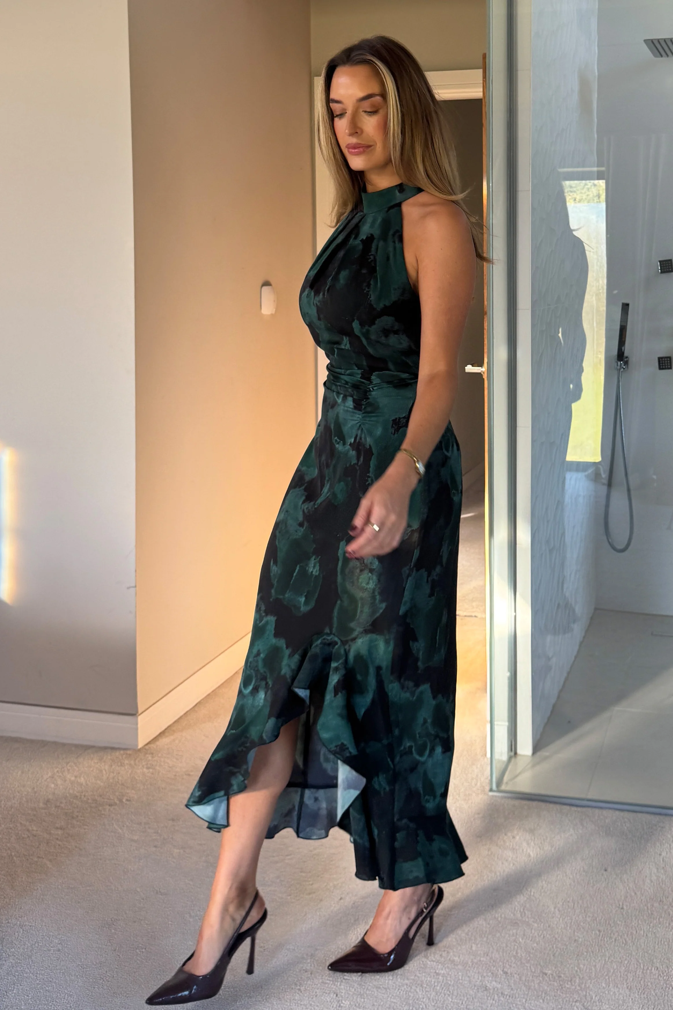 Amani Ruched Halter Neck Midi Dress Green Print - Image 5