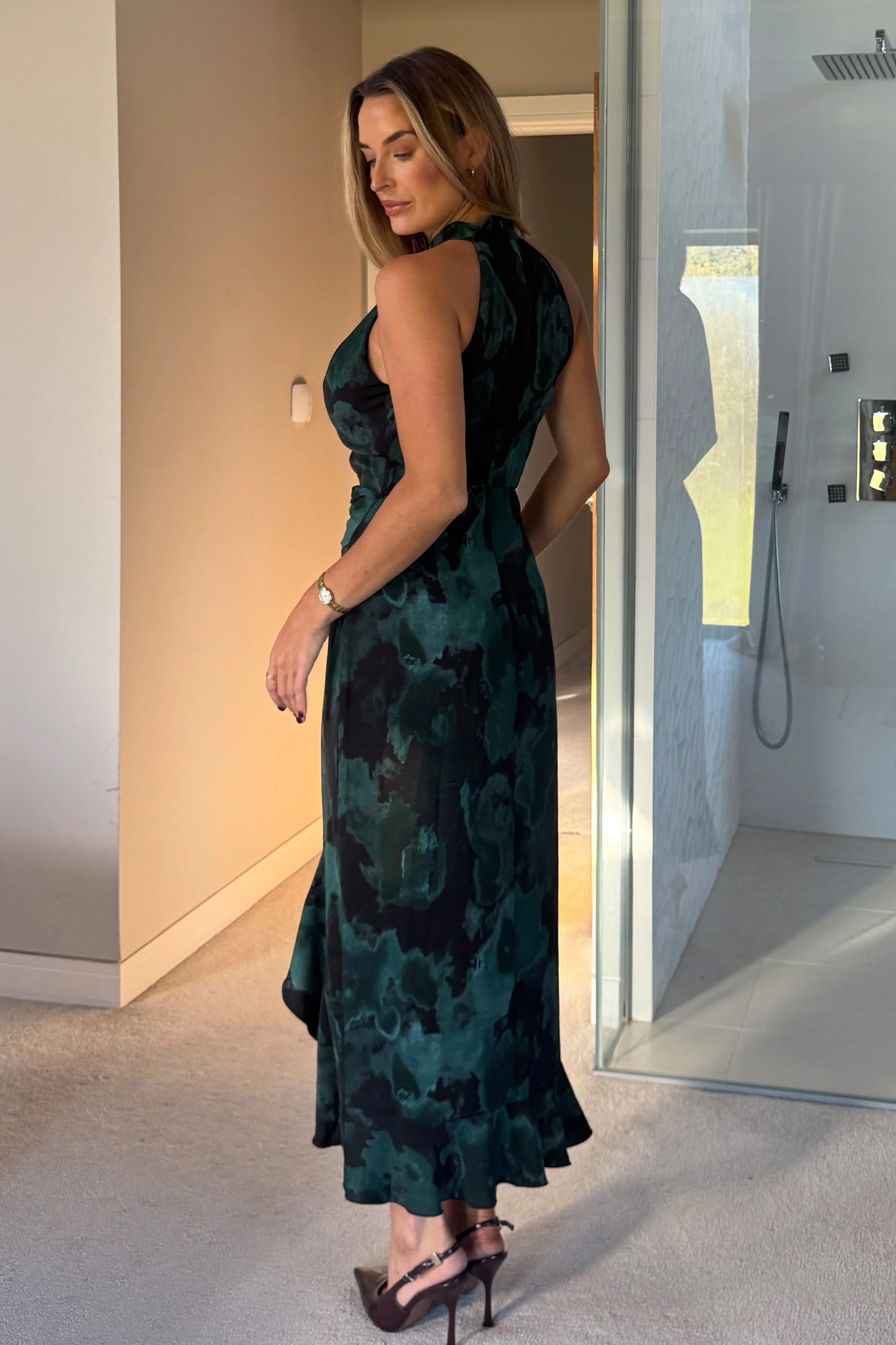 Amani Ruched Halter Neck Midi Dress Green Print - Image 6