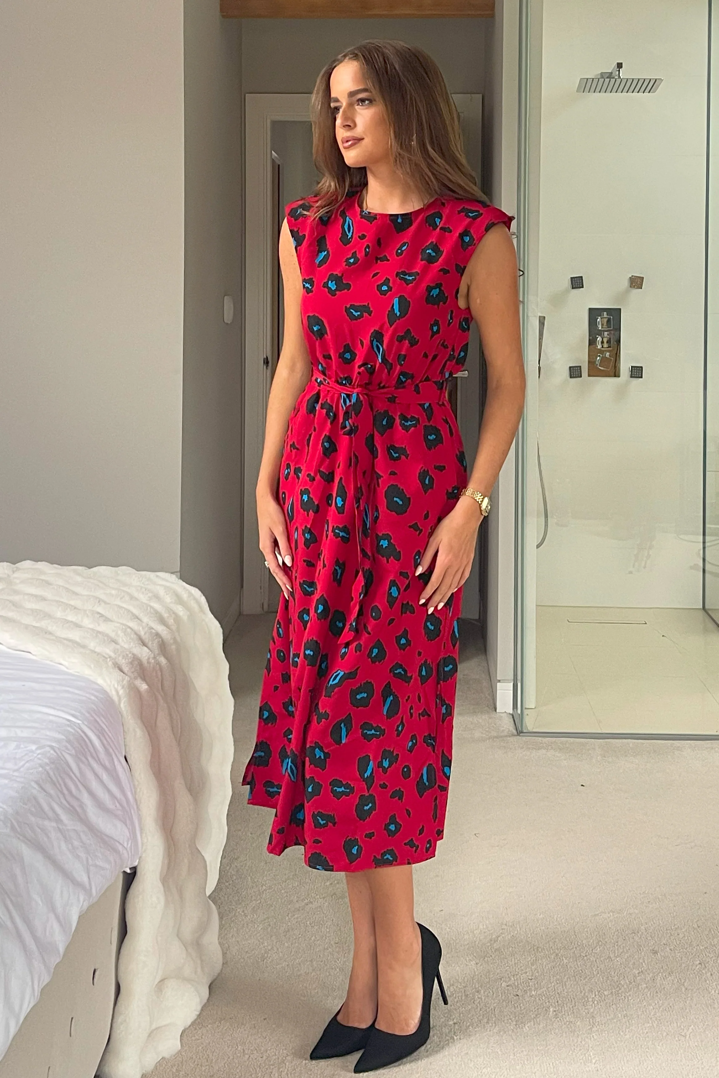 Amay Red Animal Shoulder Pad Midi Dress - Image 3