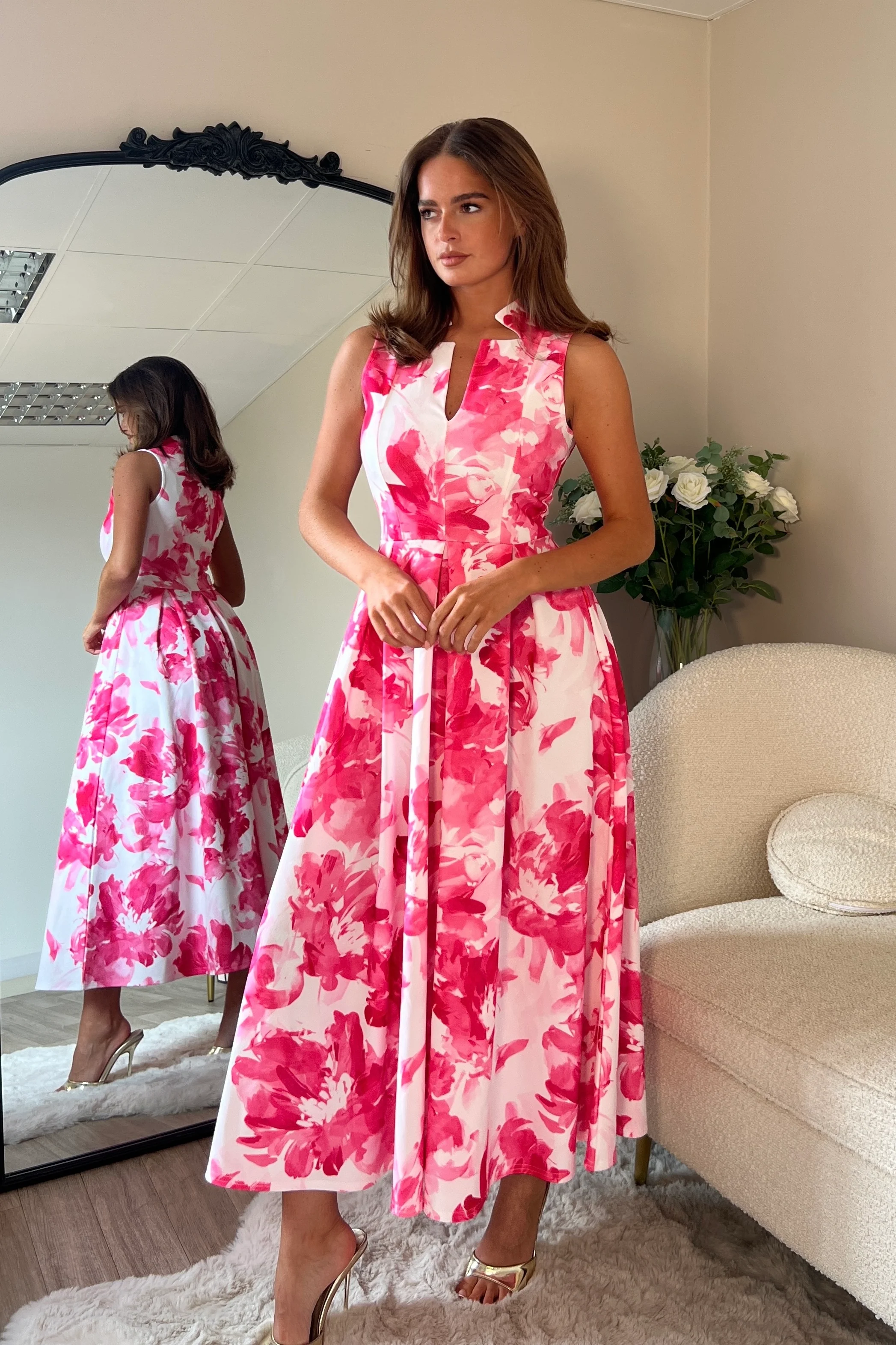 Ameya Notch Neck Sleeveless Midi Dress Pink Print - Image 3