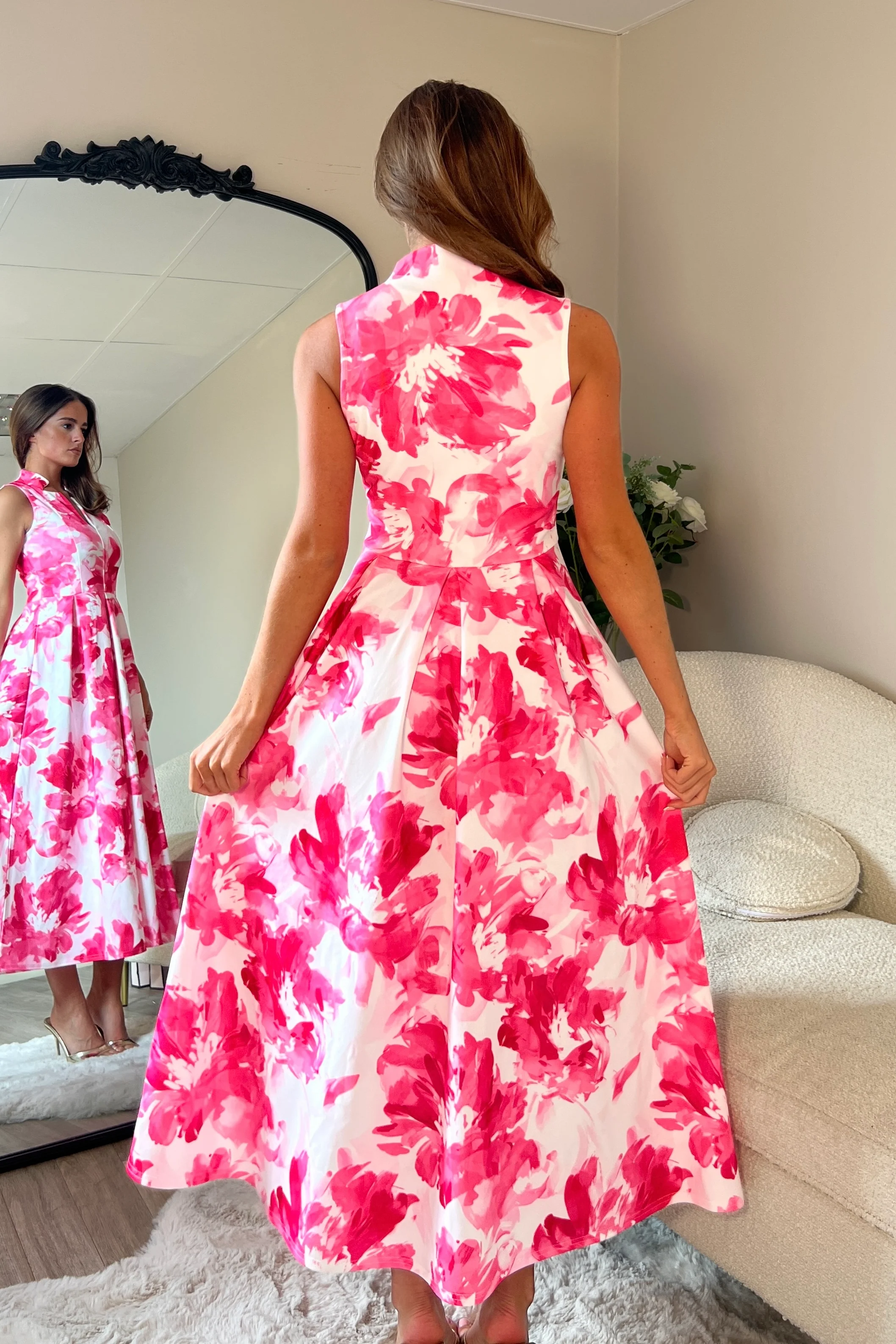 Ameya Notch Neck Sleeveless Midi Dress Pink Print - Image 4