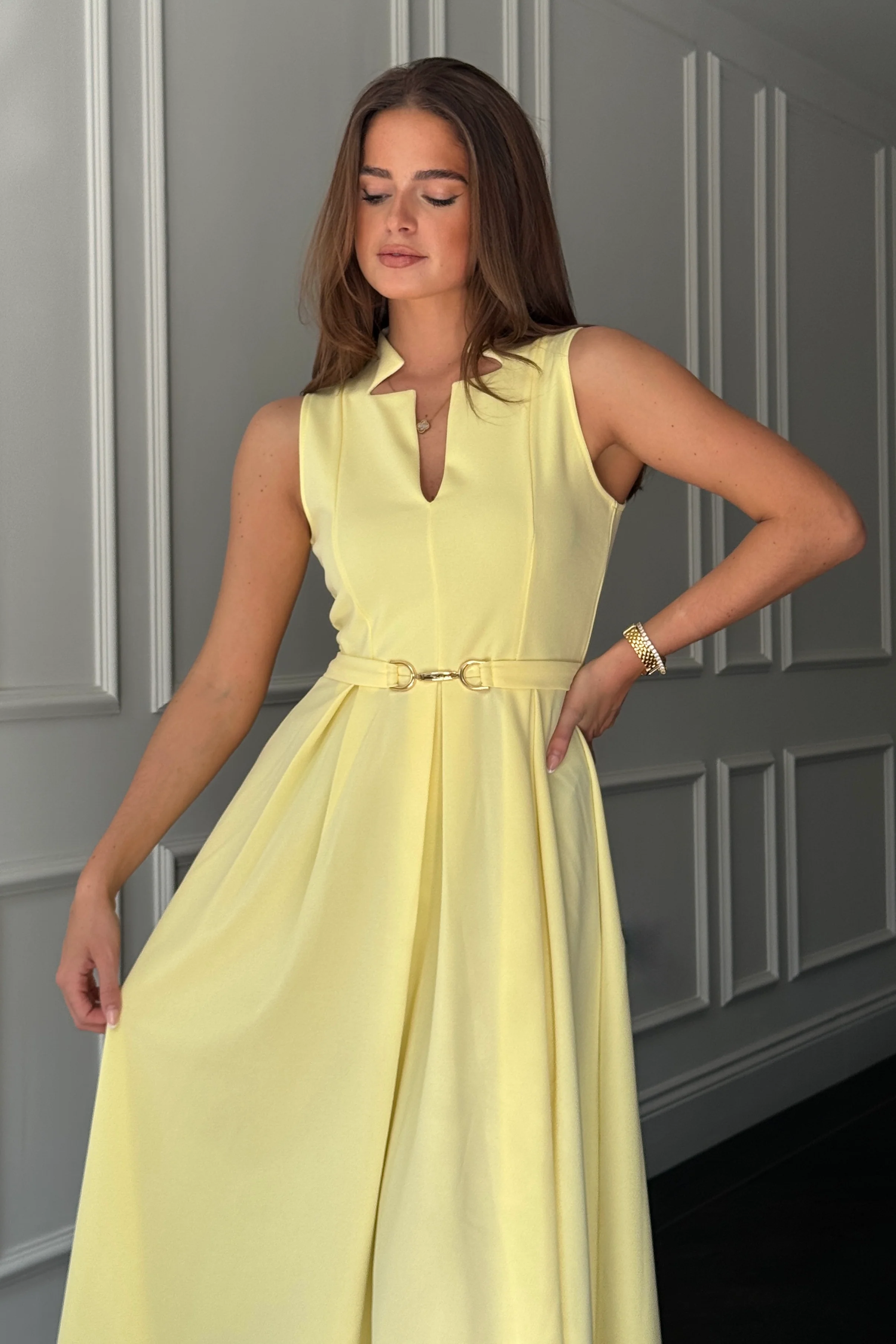 Ameya Notch Neck Sleeveless Midi Dress Yellow - Image 2