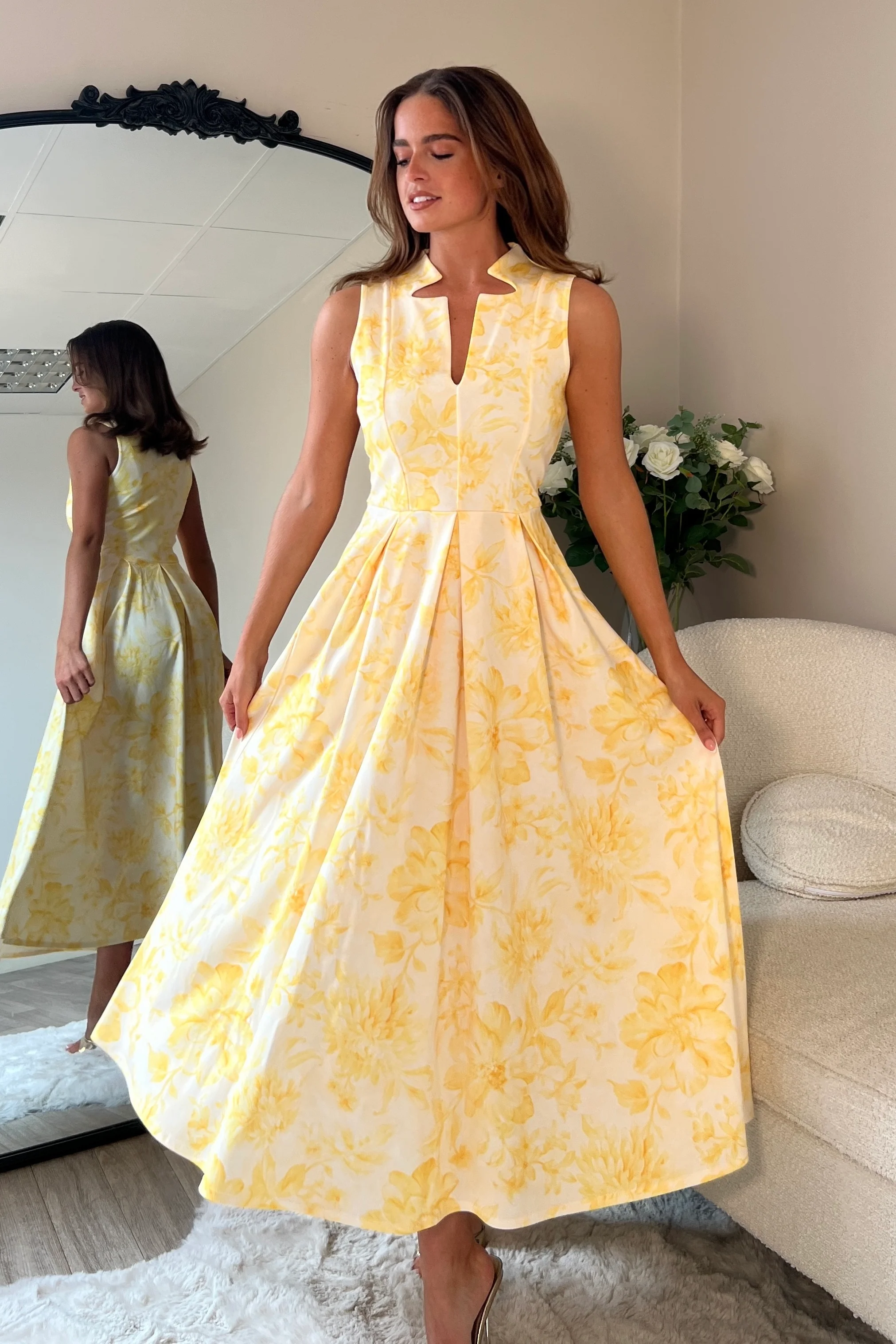 Ameya Notch Neck Sleeveless Midi Dress Yellow Print