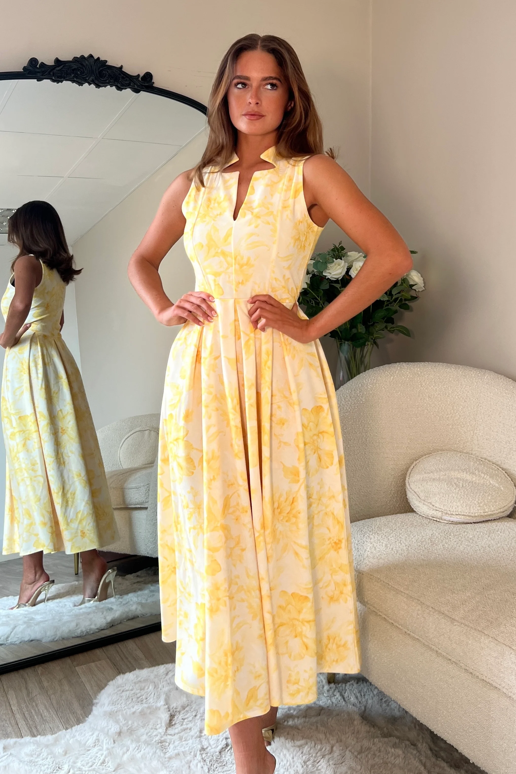 Ameya Notch Neck Sleeveless Midi Dress Yellow Print - Image 3
