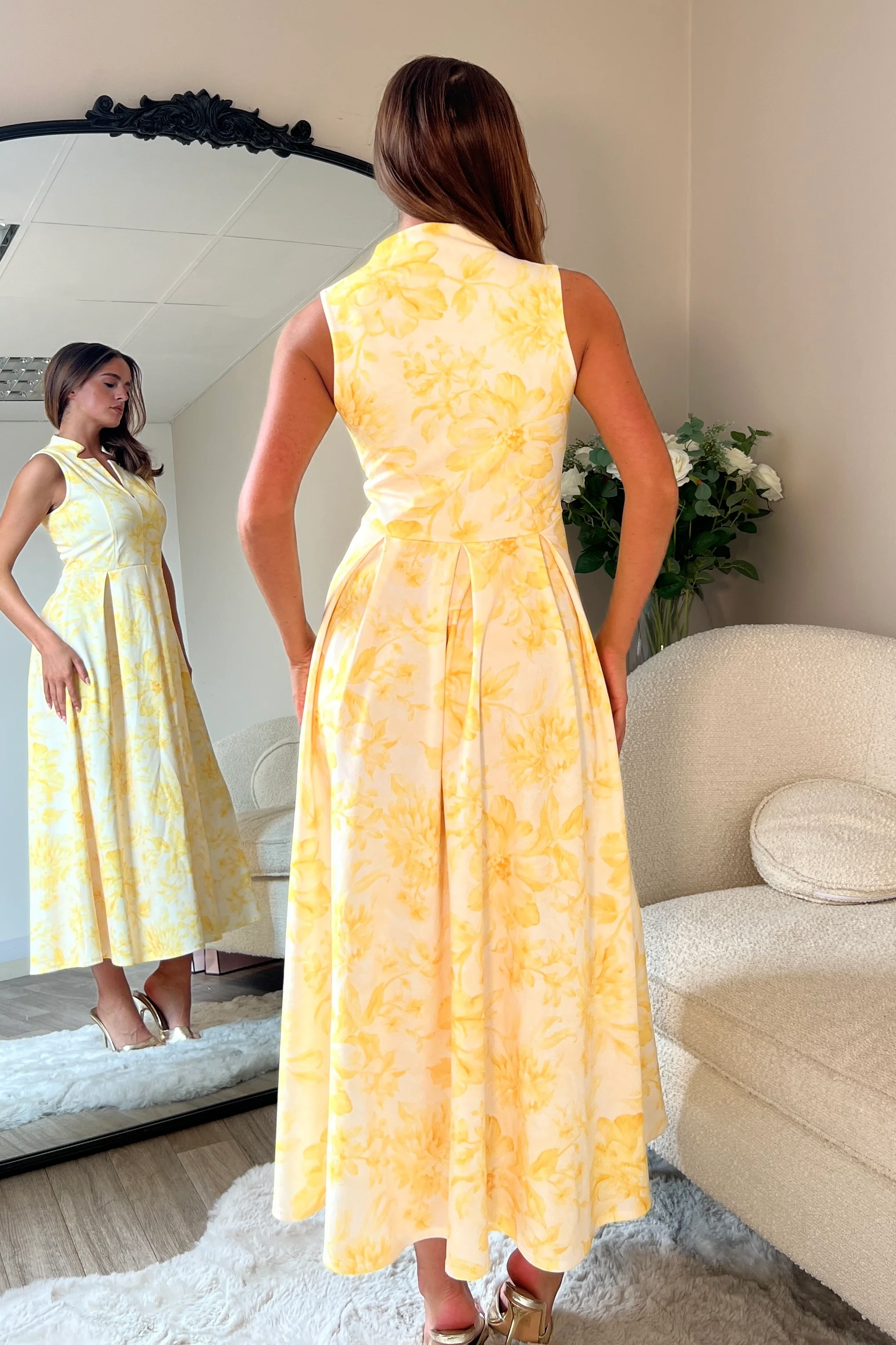 Ameya Notch Neck Sleeveless Midi Dress Yellow Print - Image 4