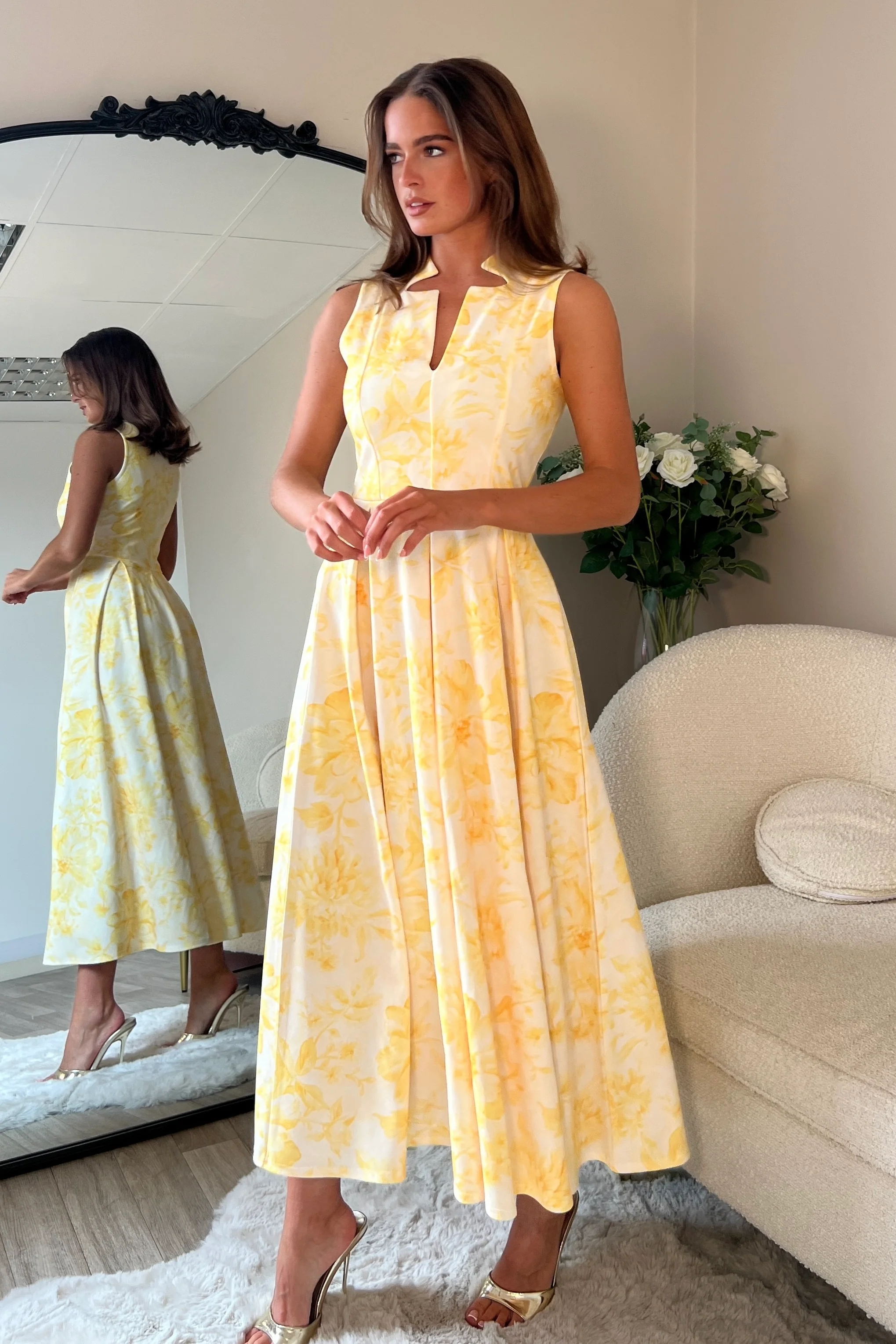 Ameya Notch Neck Sleeveless Midi Dress Yellow Print - Image 5