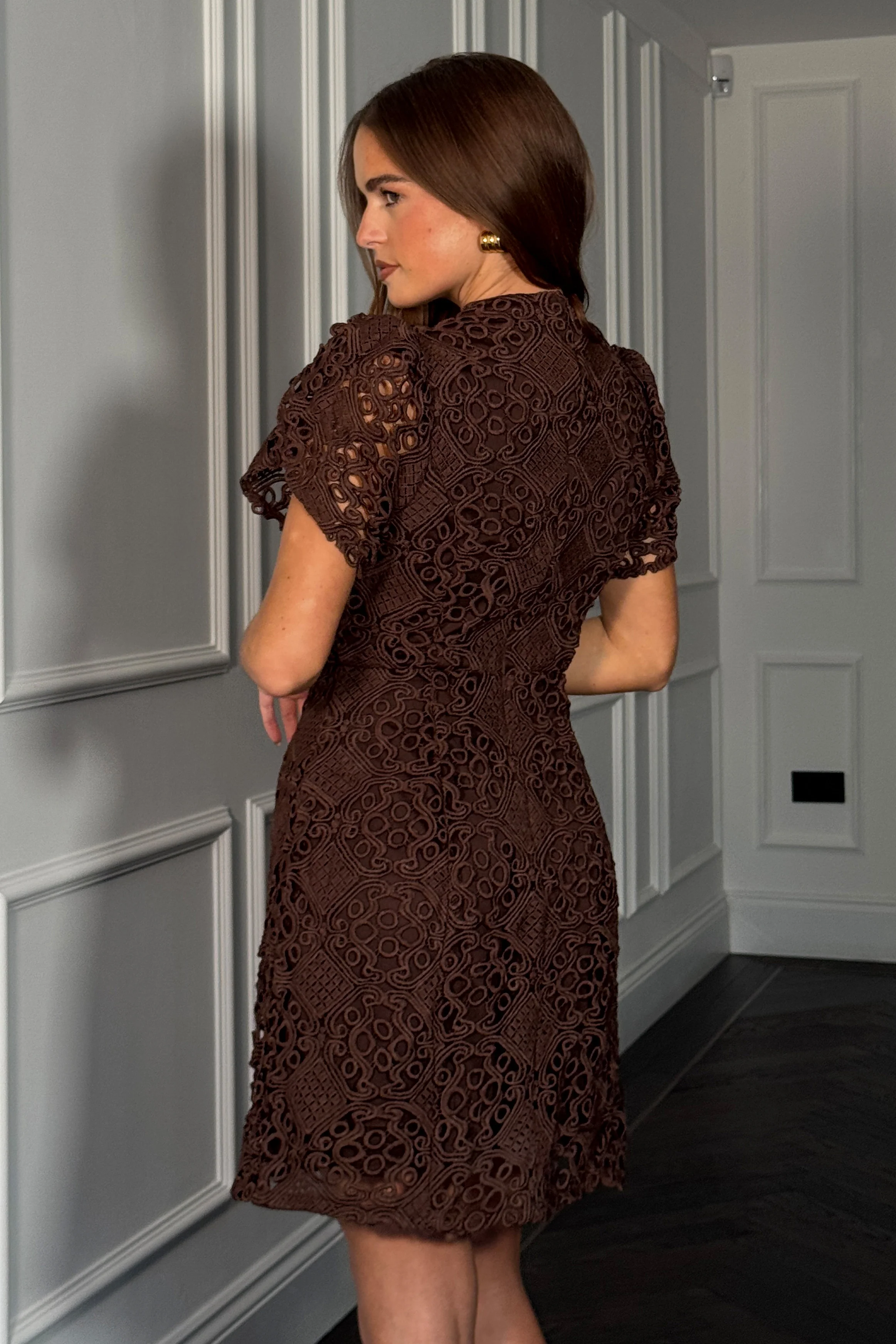 Ami Corded Lace Tulip Sleeve Mini Dress Brown - Image 6