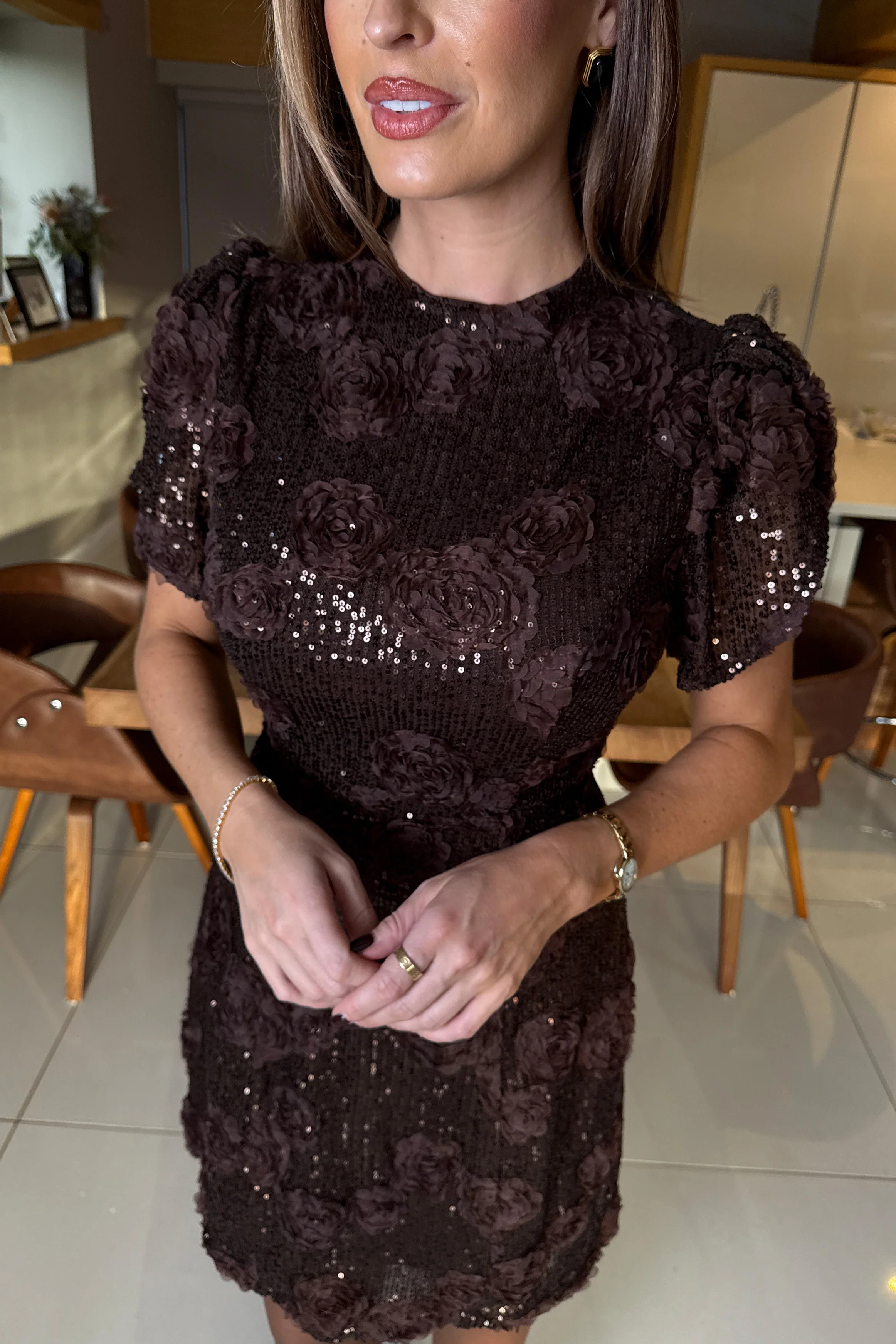Ami Tulip Sleeve High Neck Mini Dress 3D Floral Brown - Image 2