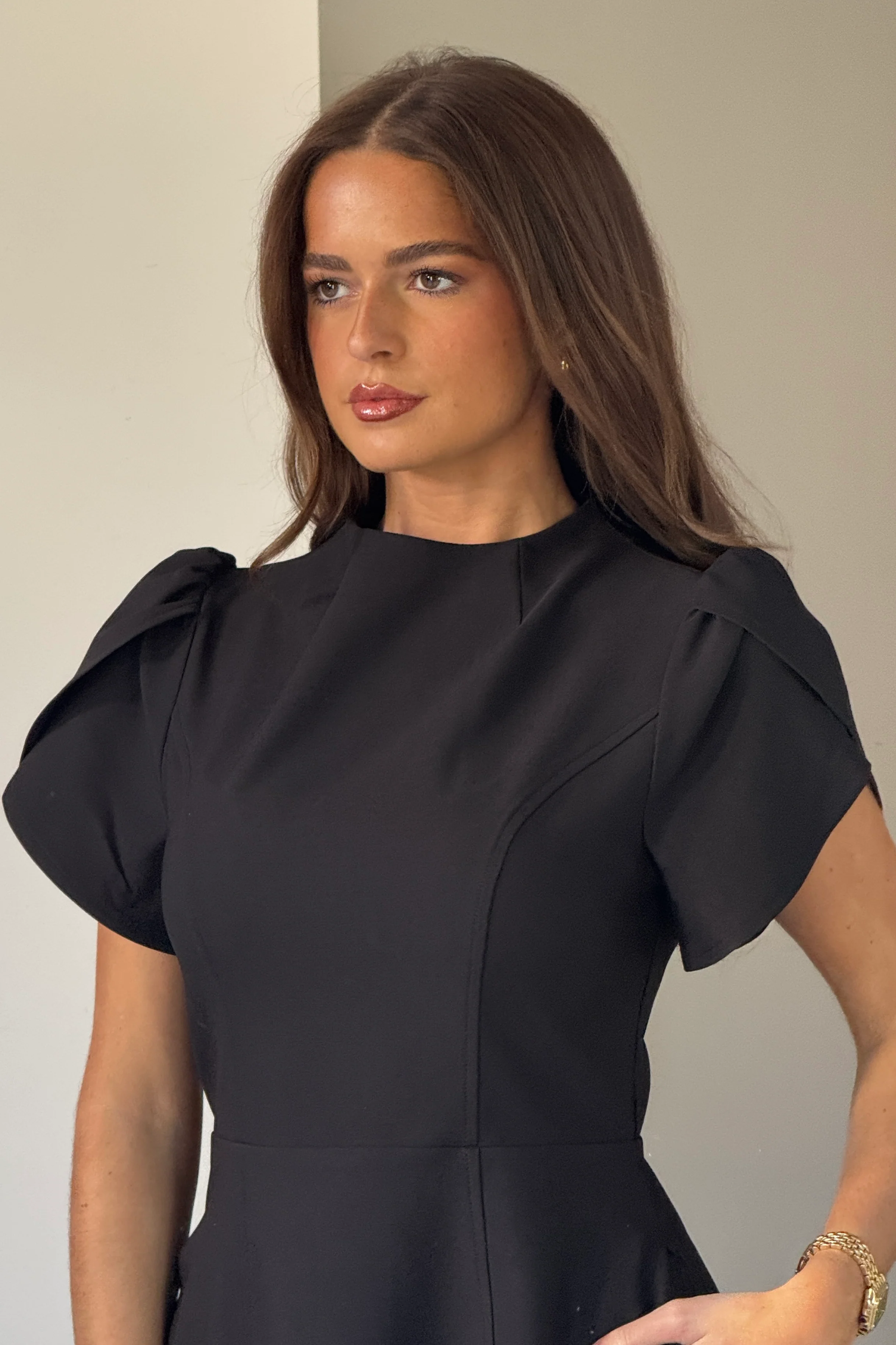 Ami Tulip Sleeve High Neck Mini Dress Black - Image 2