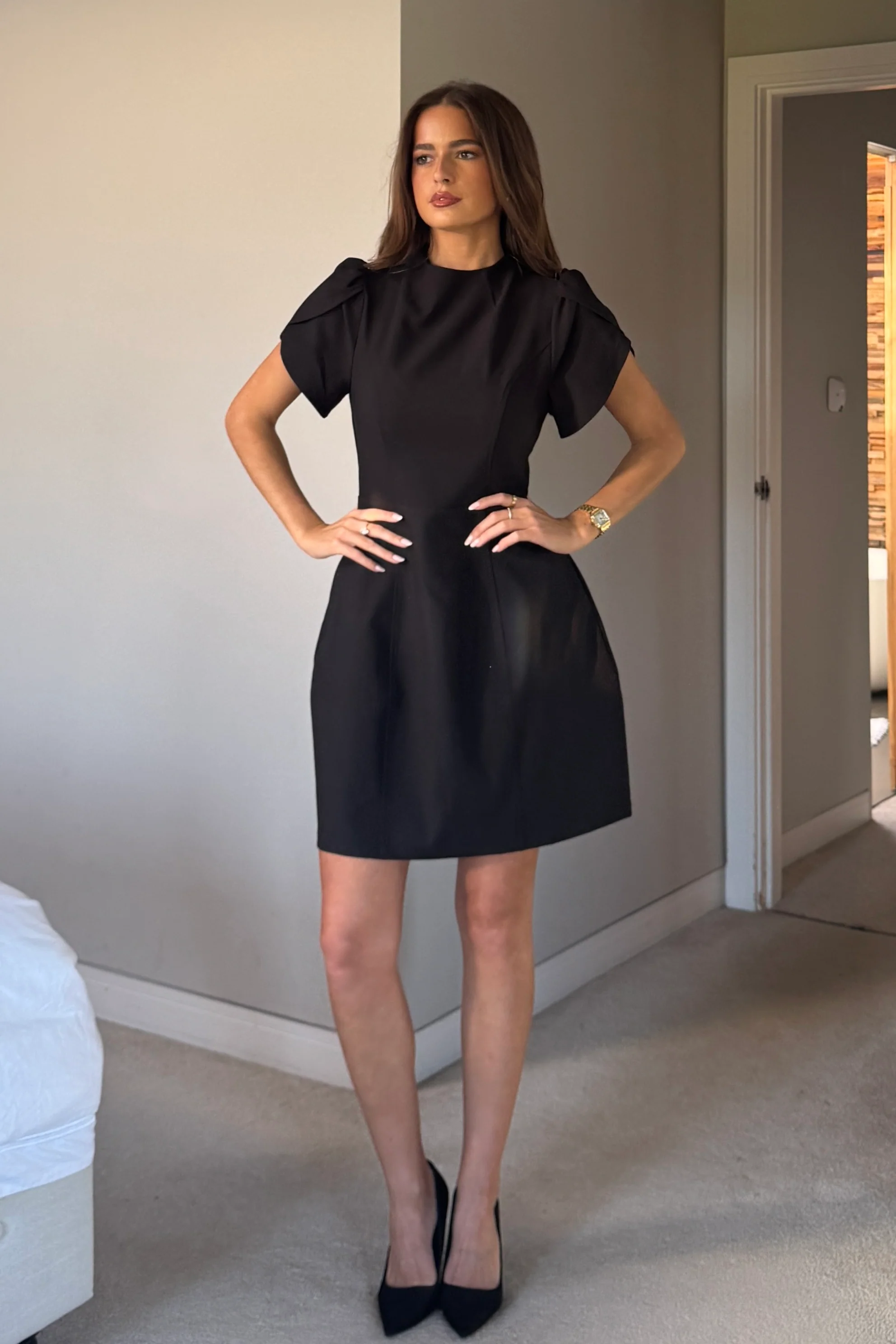 Ami Tulip Sleeve High Neck Mini Dress Black - Image 3