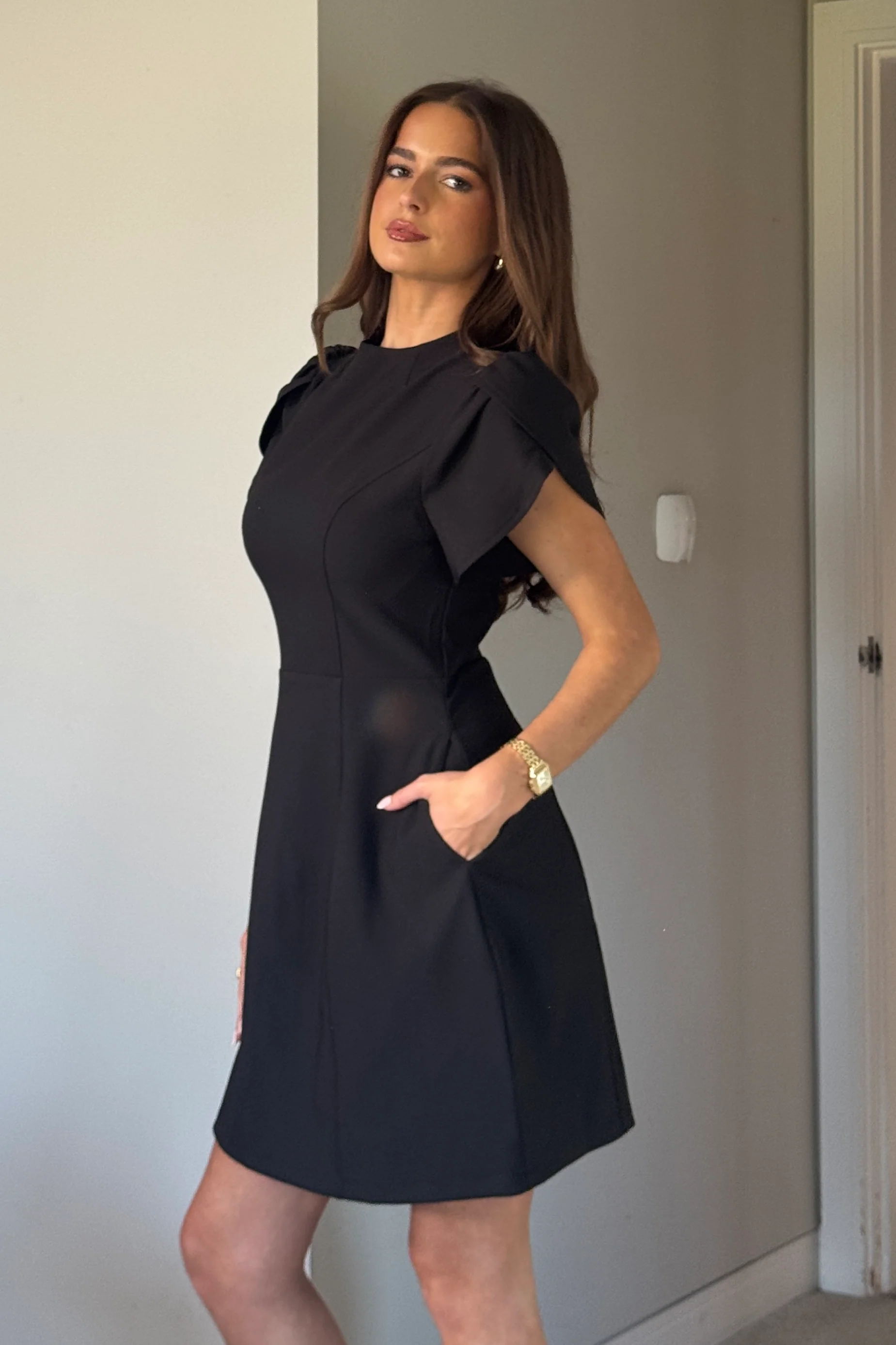 Ami Tulip Sleeve High Neck Mini Dress Black - Image 4