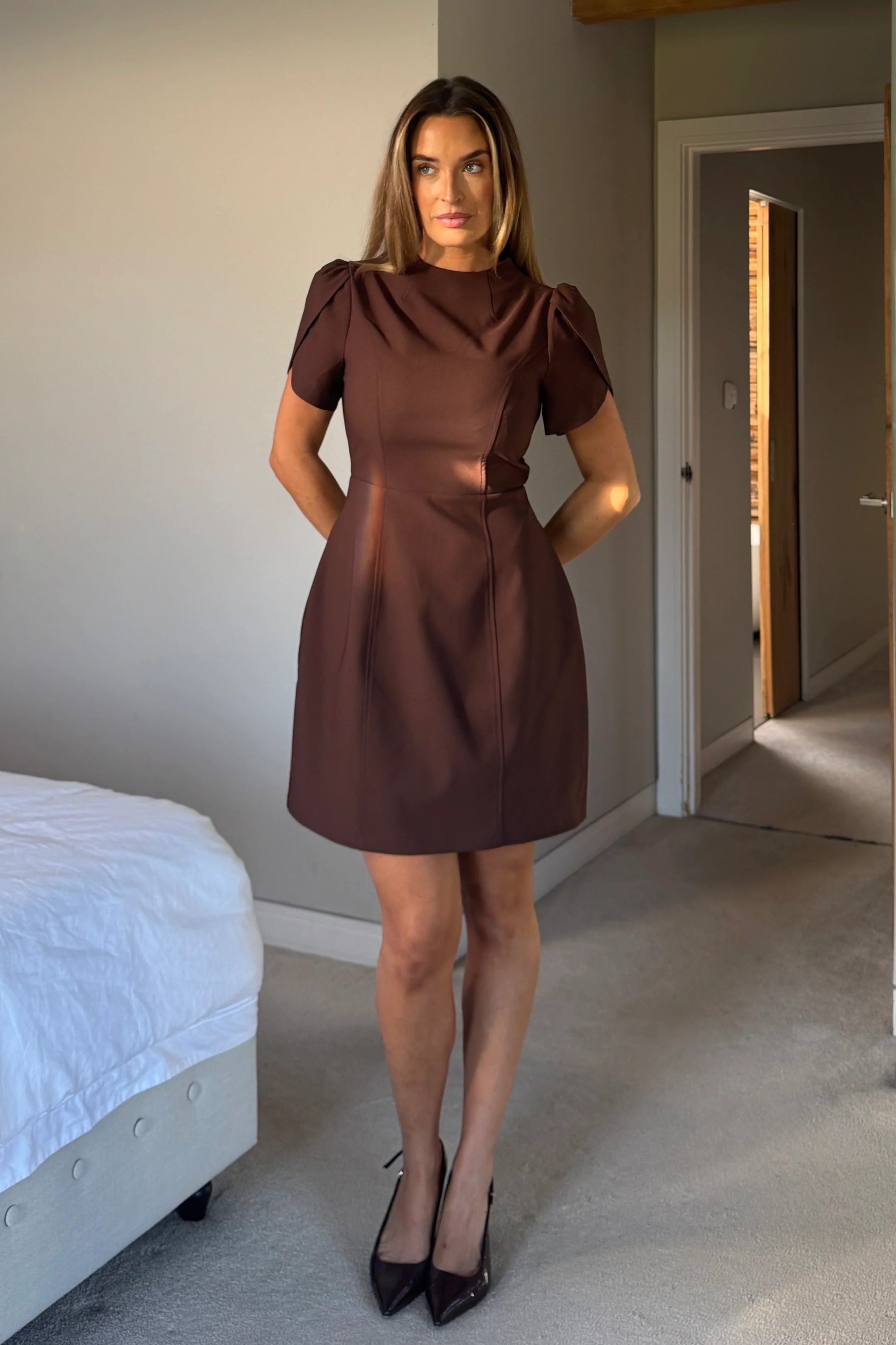 Ami Tulip Sleeve High Neck Mini Dress Brown - Image 3