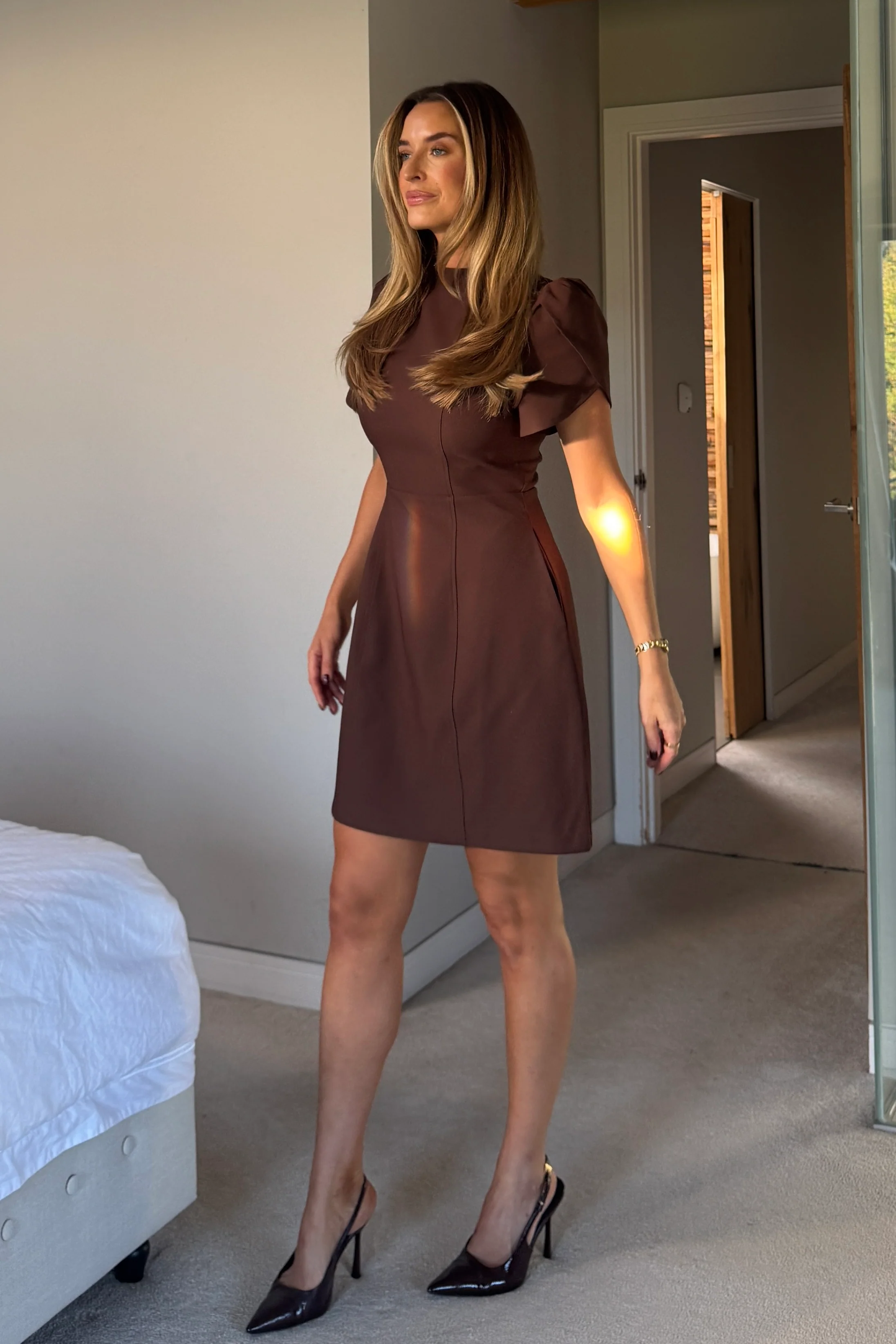 Ami Tulip Sleeve High Neck Mini Dress Brown - Image 4