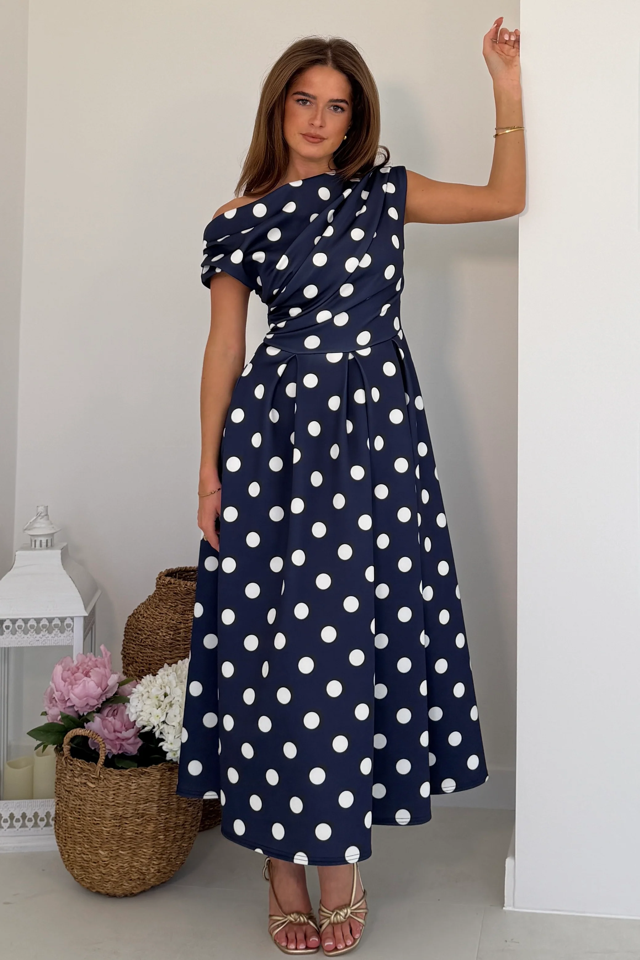 Betty Asymmetric Neckline Skater Midi Dress Navy Polka - Image 4