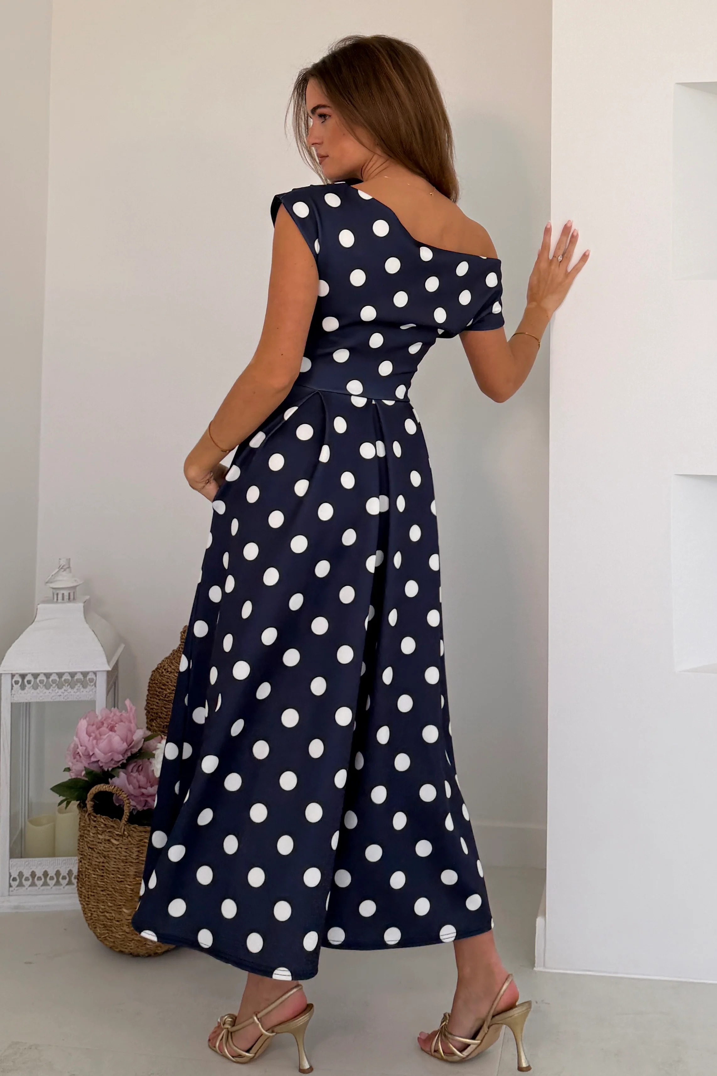 Betty Asymmetric Neckline Skater Midi Dress Navy Polka - Image 5